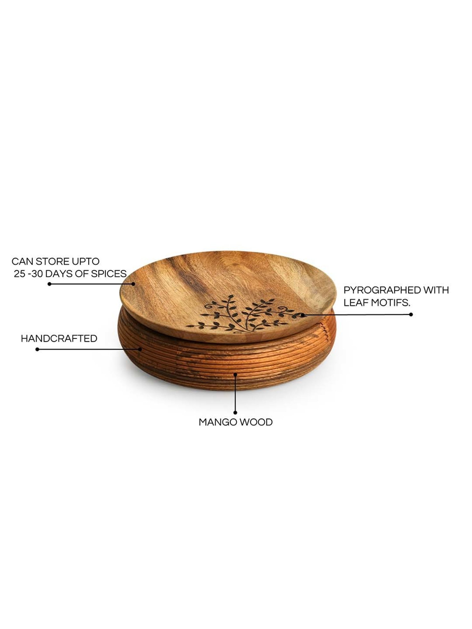 ExclusiveLane Light Brown Mango Wood Burnt Leaf Handcrafted Spice Box with Spoon & Containers