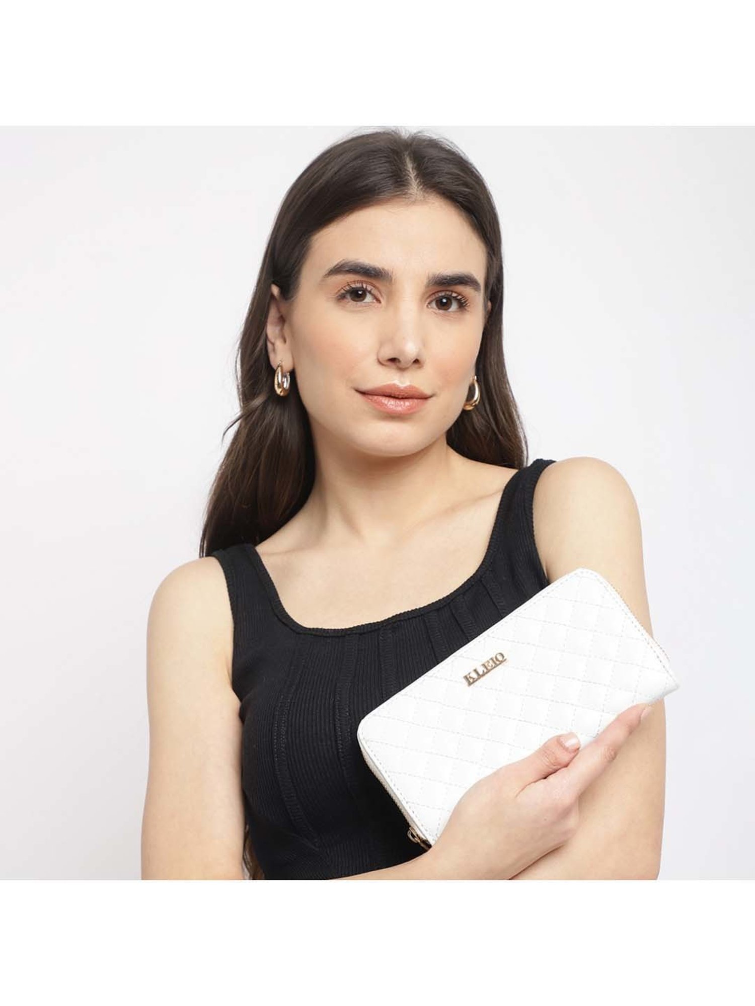 KLEIO White Quilted Zip Around Wallet for Women