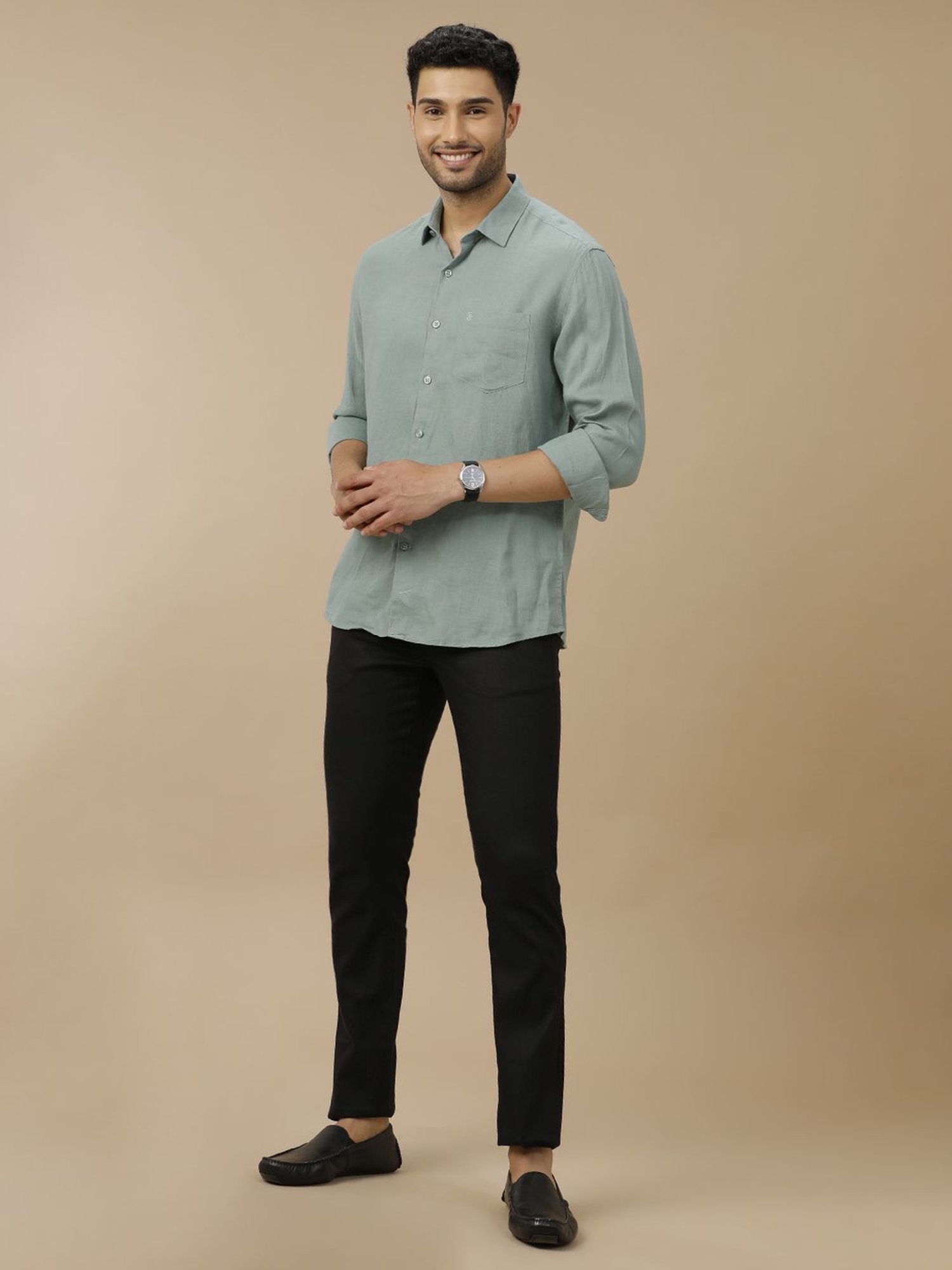 Linen Club Green Linen Contemporary Fit Shirt