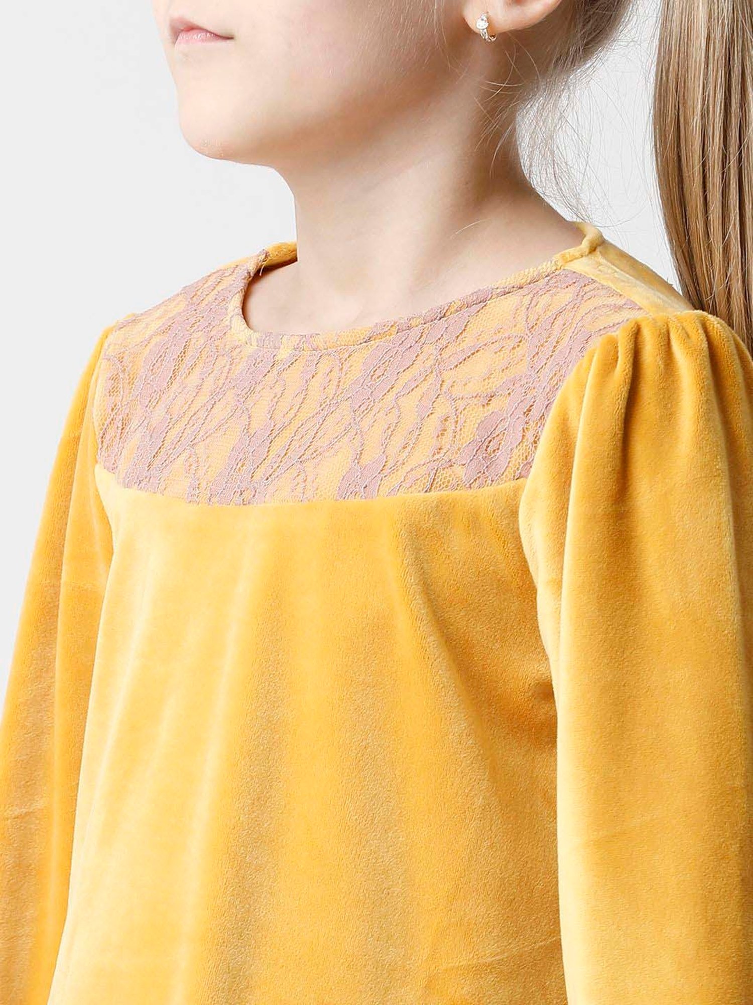 Kate & Oscar Kids Mustard Embroidered Full Sleeves Dress