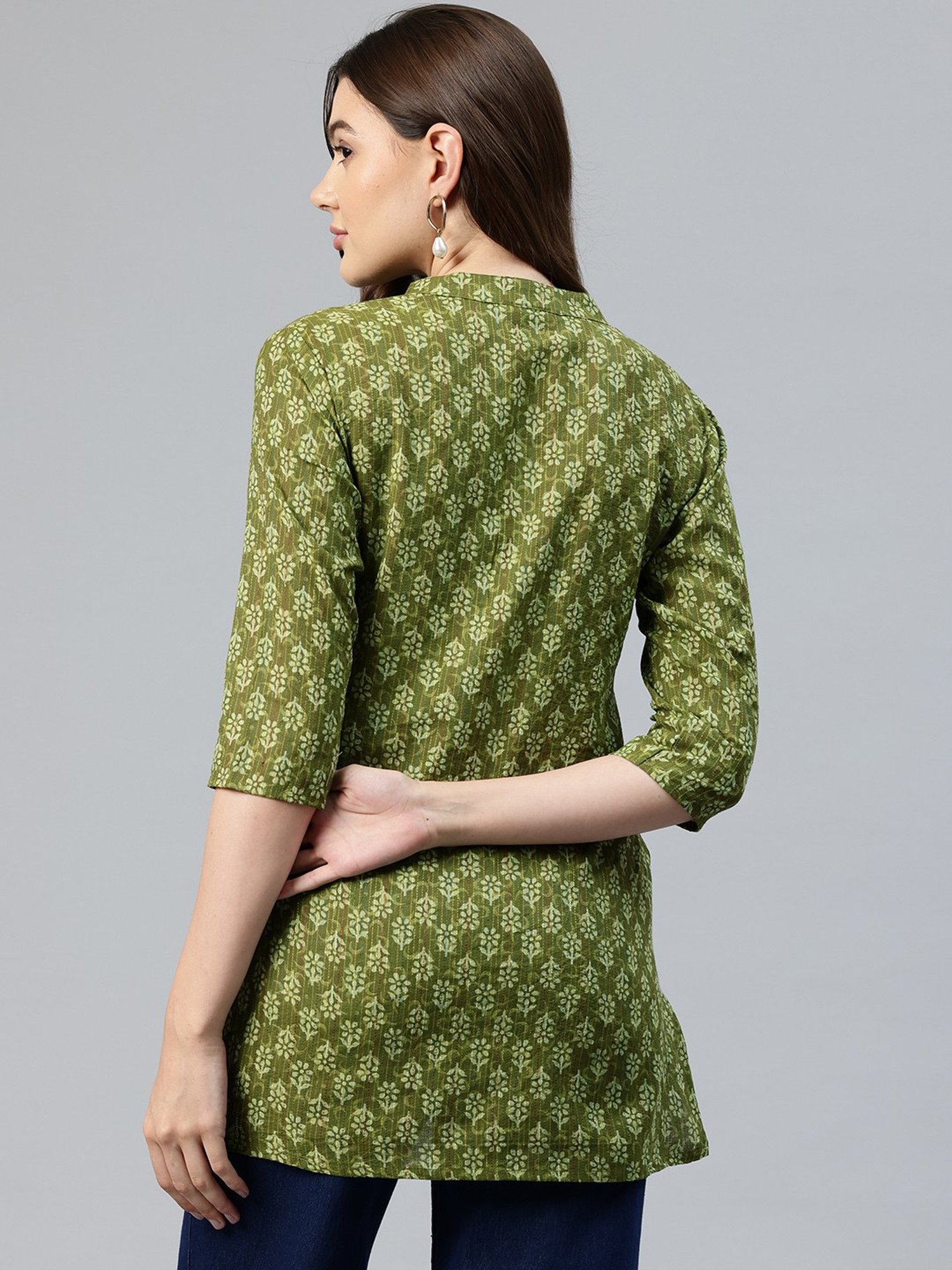 One Femme Green Cotton Printed A Line Kurti