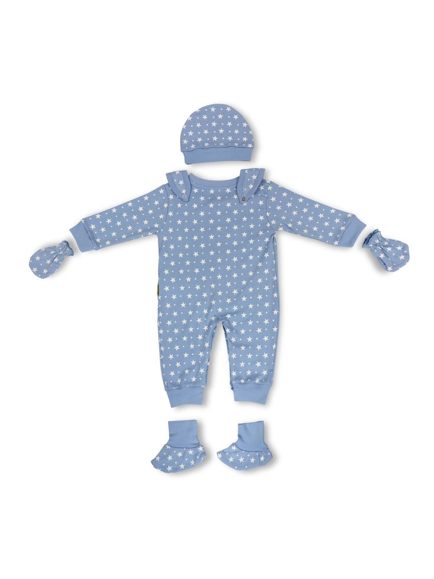 GJ baby Blue Printed Full Sleeves Bodysuit, Bib, Cap, Mittens with Socks