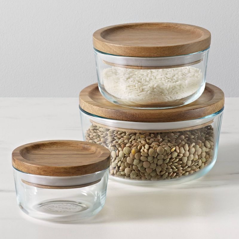 Pyrex 6pc Glass Round Food Storage Container Set with Wooden Lids