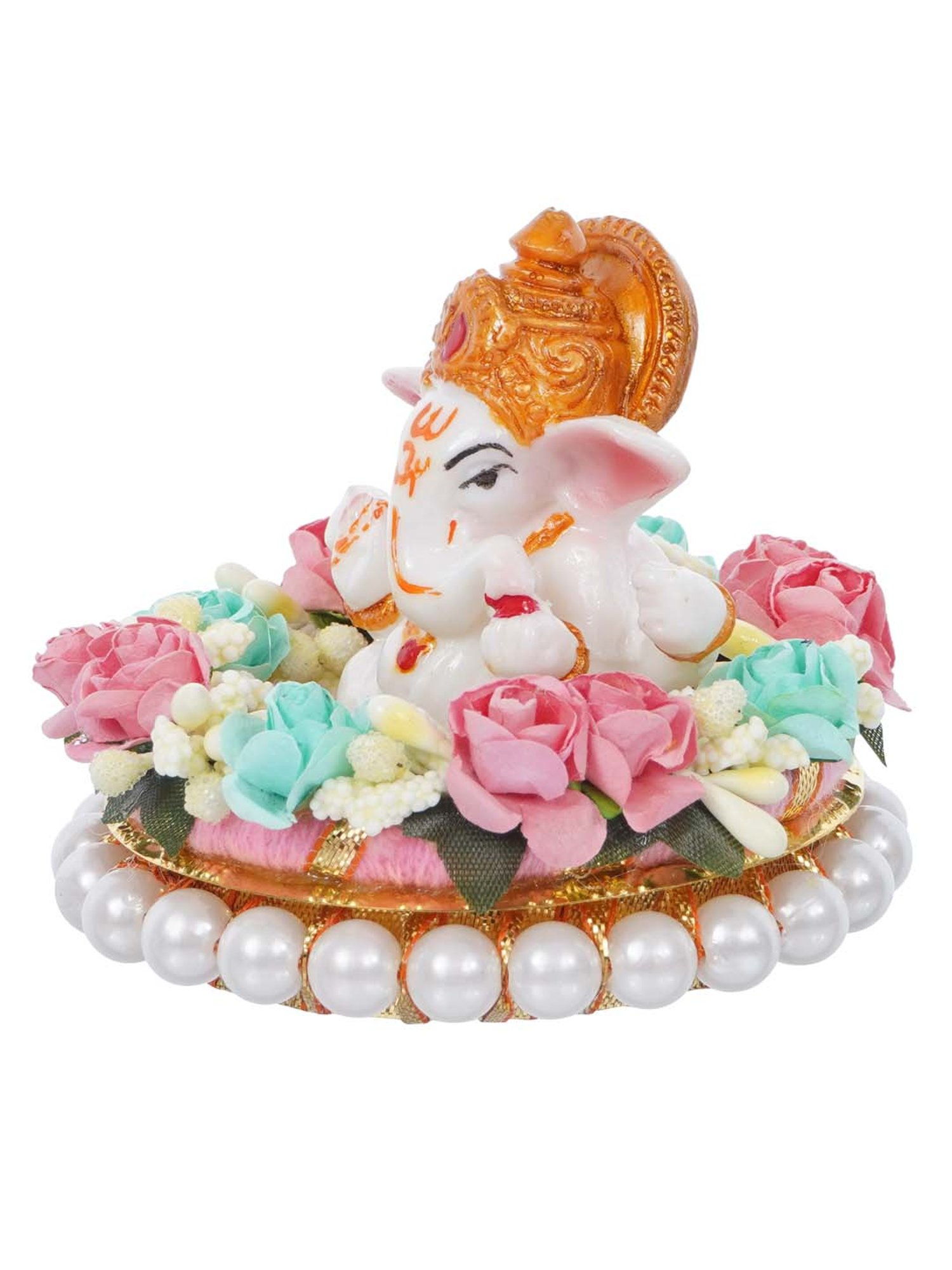 eCraftIndia Lord Ganesha Idol on Decorative Handcrafted Plate with Colorful Flowers