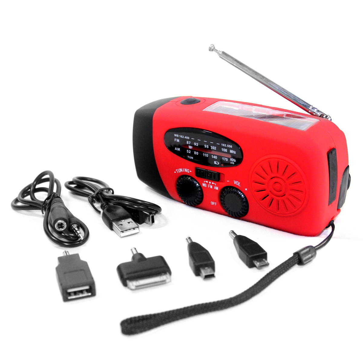 Foxnovo Portable Multi-functional Emergency Solar/Hand Crank Dynamo/USB Powered AM/FM/WB NOAA Weather Radio 3-LEDs Flashlight Cellphone Charger (Red)