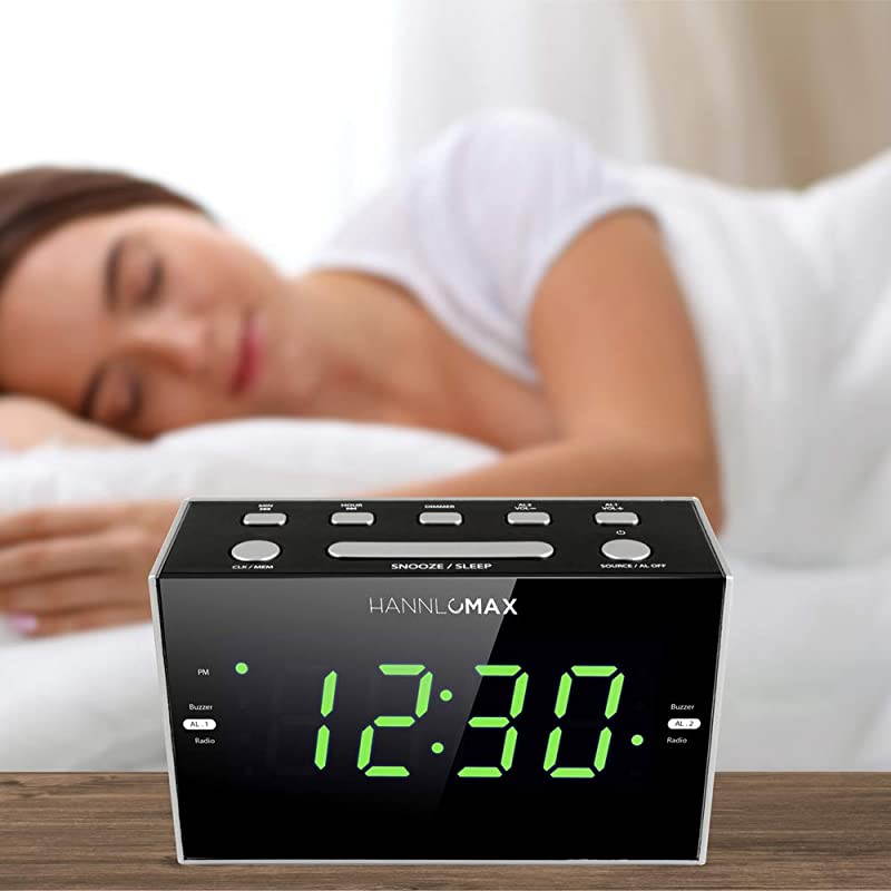 HX122CR Alarm Clock Radio PLL FM Radio Green LED 12 Inches Display USB Port for 1A Charging Dimmer Function