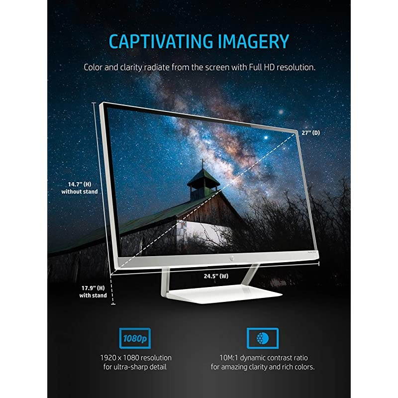 27er 27-Inch Full HD 1080p IPS LED Monitor with Frameless Bezel and VGA & HDMI (T3M88AA), White