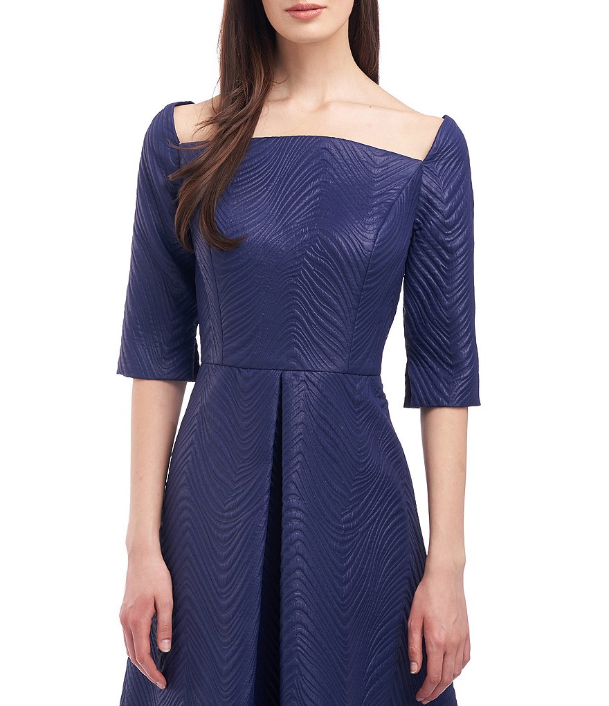 Kay Unger Rylee Midi Curved Square Neck Short Elbow Sleeve Dress