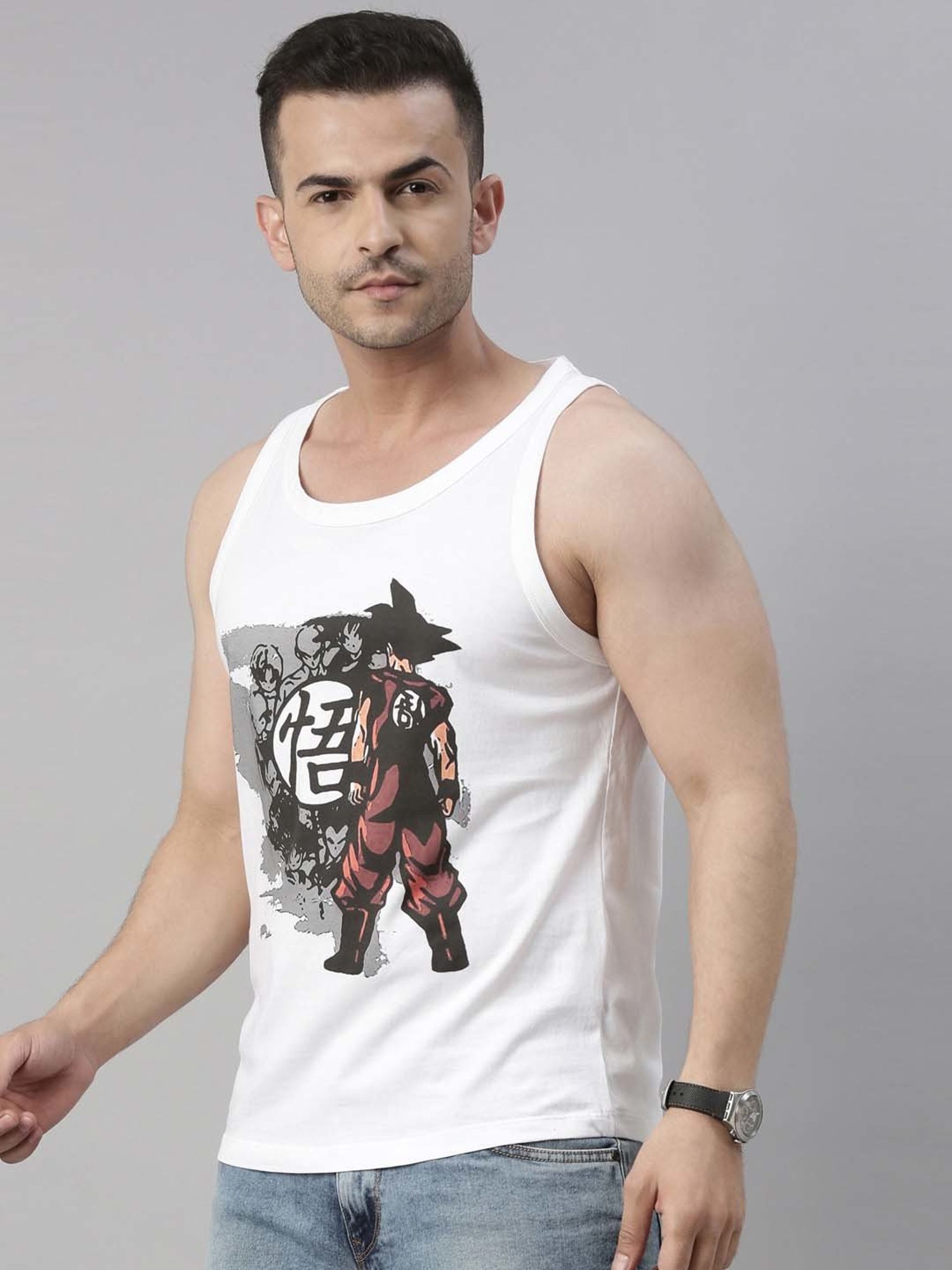 Bushirt Anime White Printed Cotton Vest
