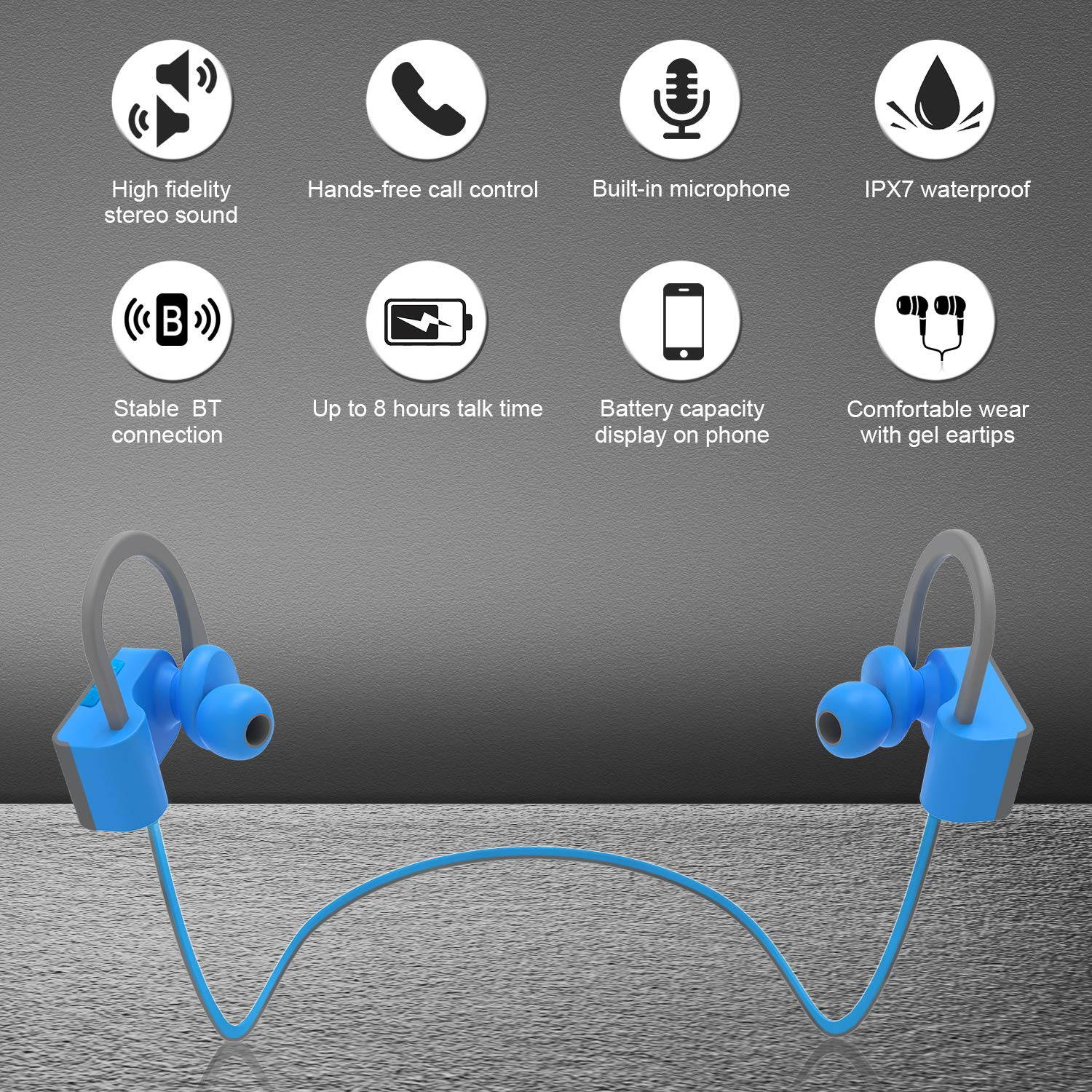 Bluetooth Headphones IPX7 Waterproof, Wireless Sport Earphones, HiFi Bass Stereo Sweatproof Earbuds w/Mic, Noise Cancelling Headset for Workout, Running, Gym, 8 Hours Play Time
