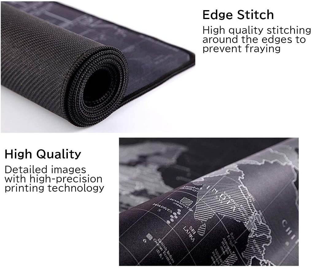 Sim's Extended Large Size, Gaming Mouse Pad, Non-Slip Rubber Base, XXXL Size Desk Pad, Black World Map & Color Sewn (Black, [XXL] 31.5"x11.8"x0.12")