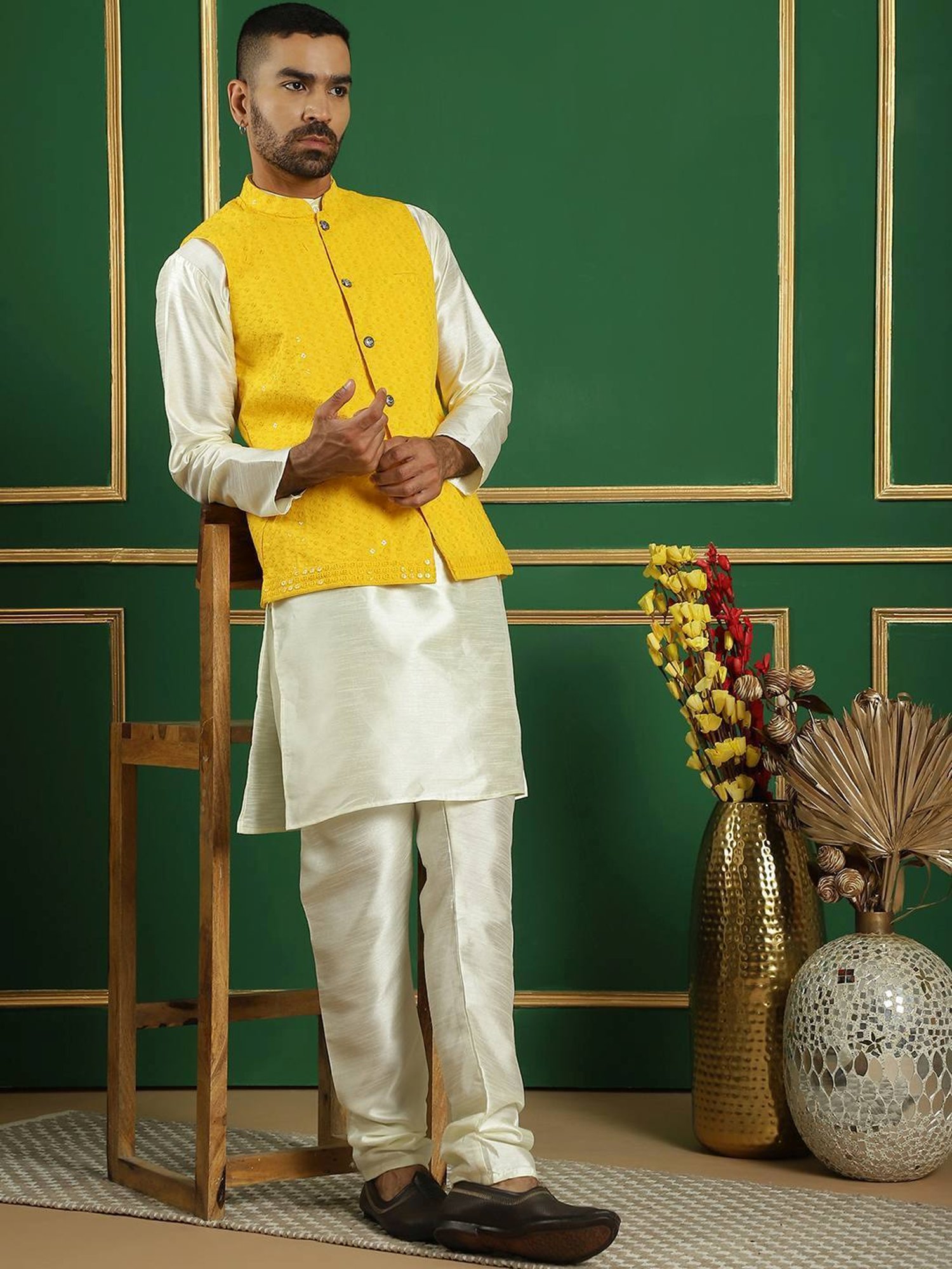 Jompers Yellow Regular Fit Embroidered Nehru Jacket