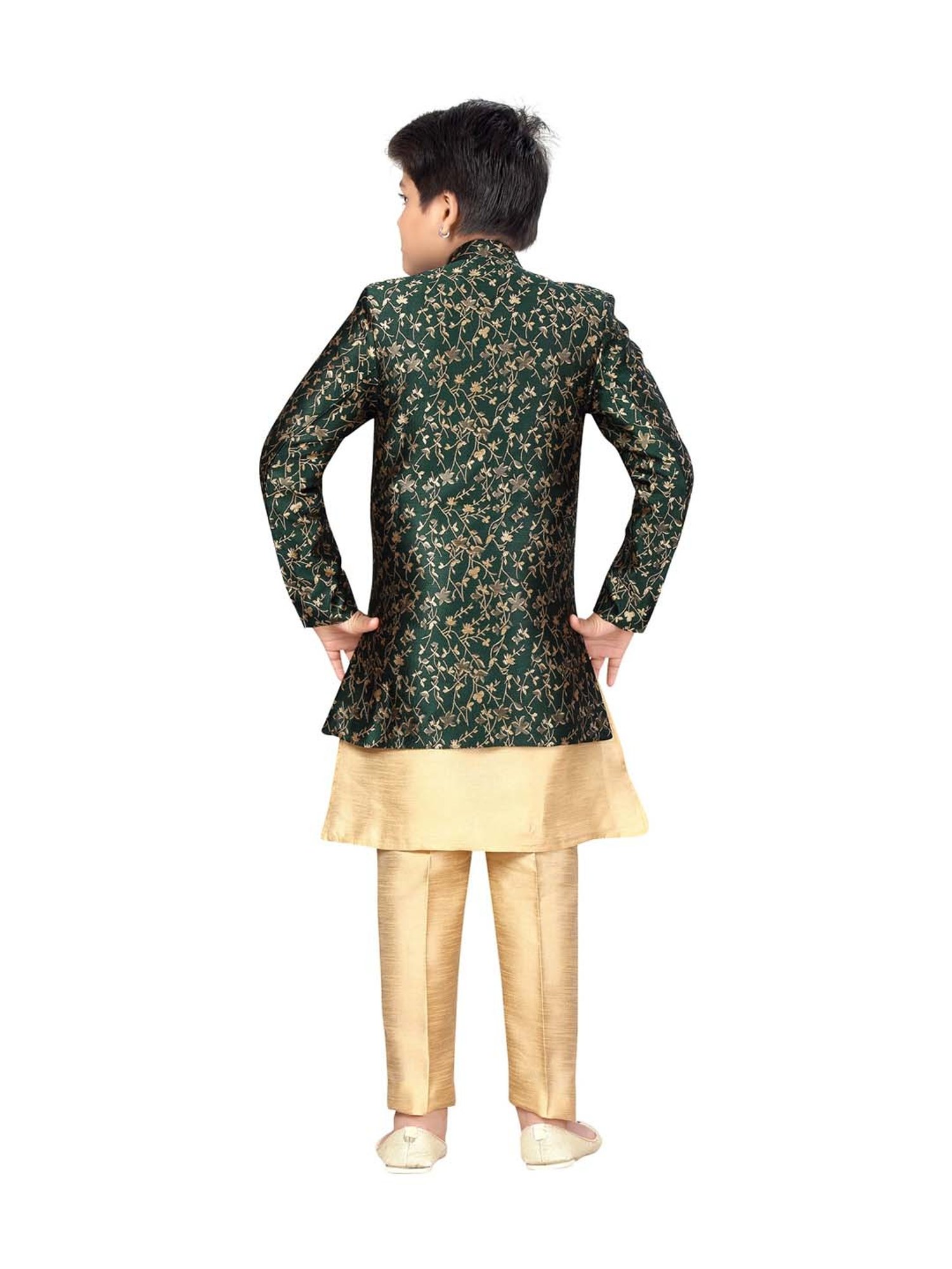 Ahhaaaa Kids Green & Beige Cotton Floral Print Full Sleeves Kurta Set