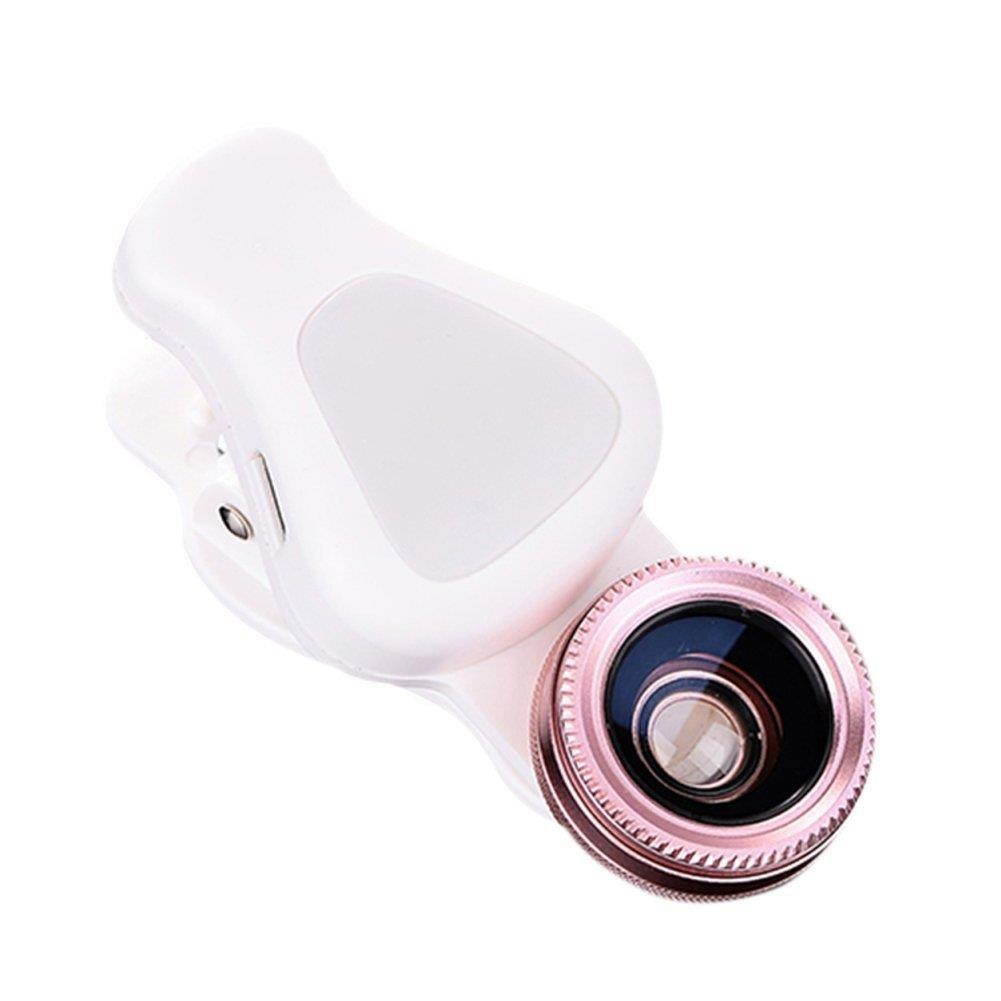 EIGIIS 4 In 1 Cell Phone Lens With Beauty 8 LED Flash Light 205&deg;Fisheye Lens 15X Macro Lens 0.62X Wide Angle Lens For Most Smartphones (Rose Gold)