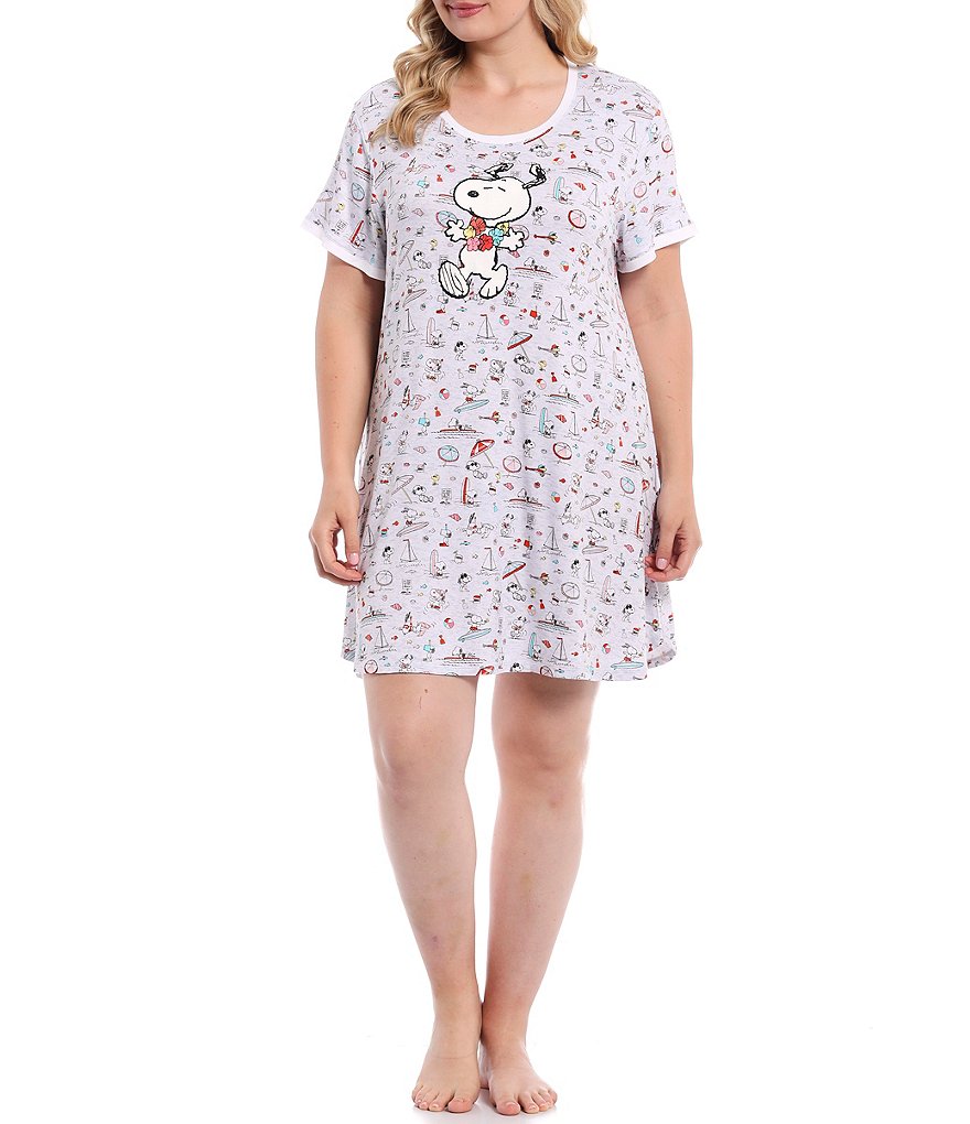 Peanuts Plus Size Round Neck Short Sleeve Aloha Snoopy Print Knit Sleepshirt