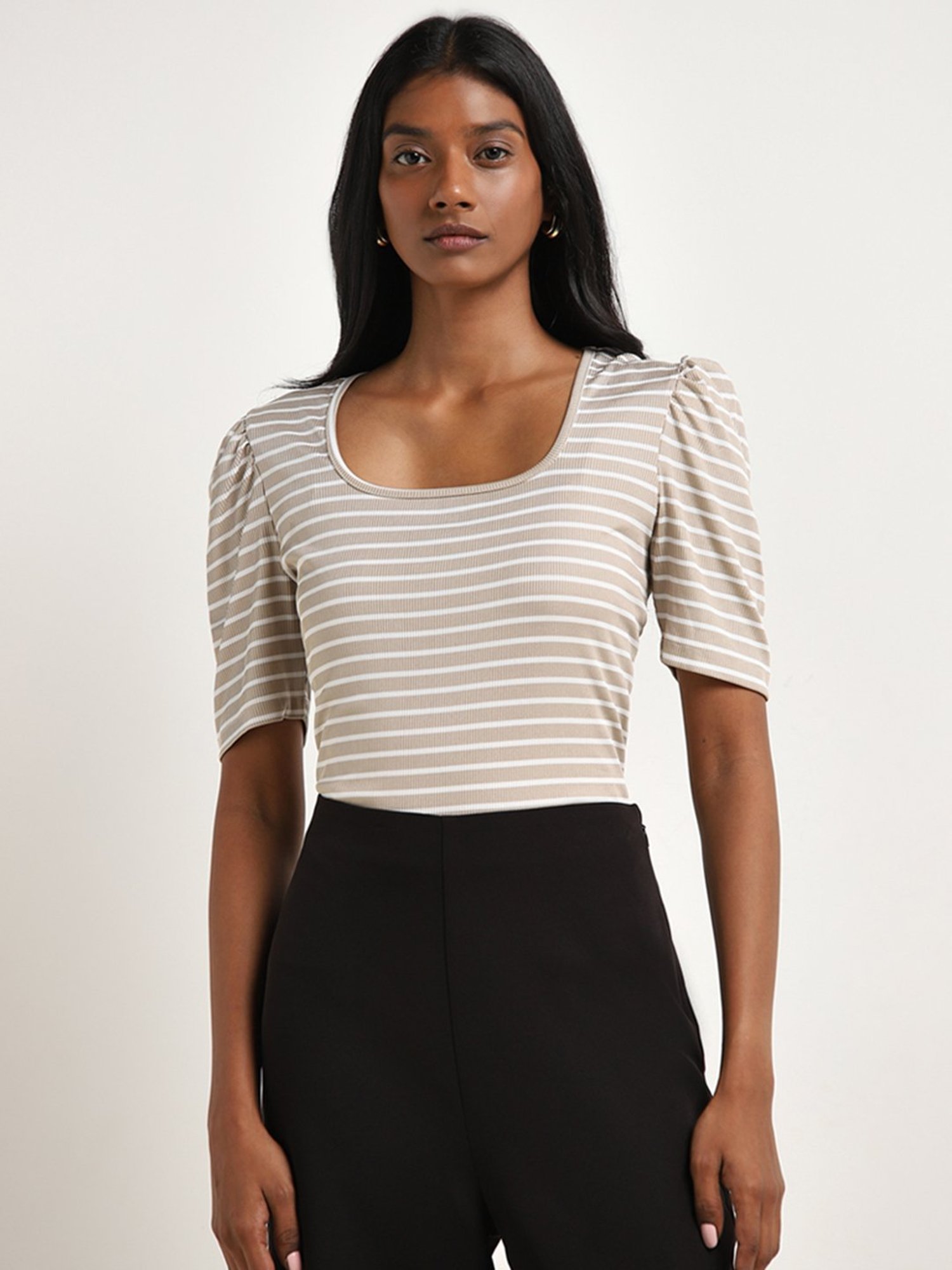 Wardrobe by Westside White Beige Striped Knit-Textured Top