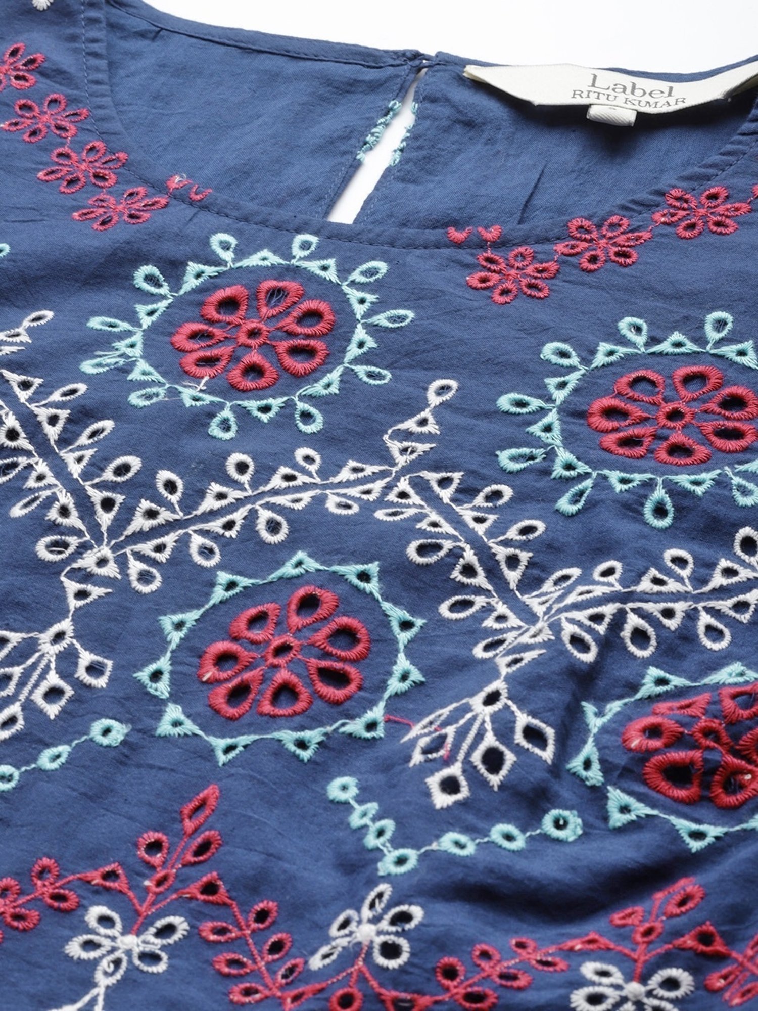 Label Ritu Kumar Navy Blue Cotton Blend Embroidered Crop Top