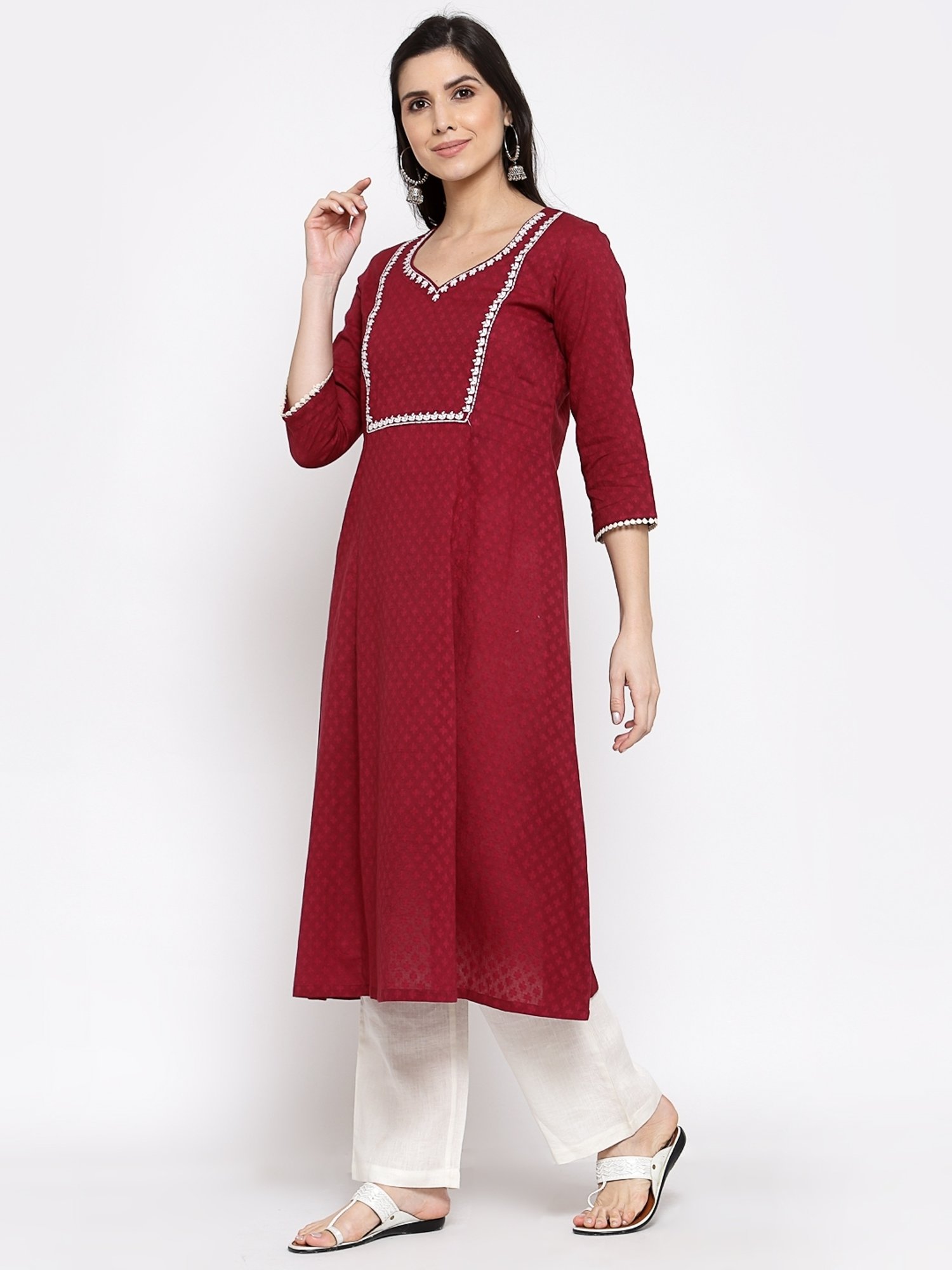 DART STUDIO Maroon Cotton Embroidered A Line Kurta