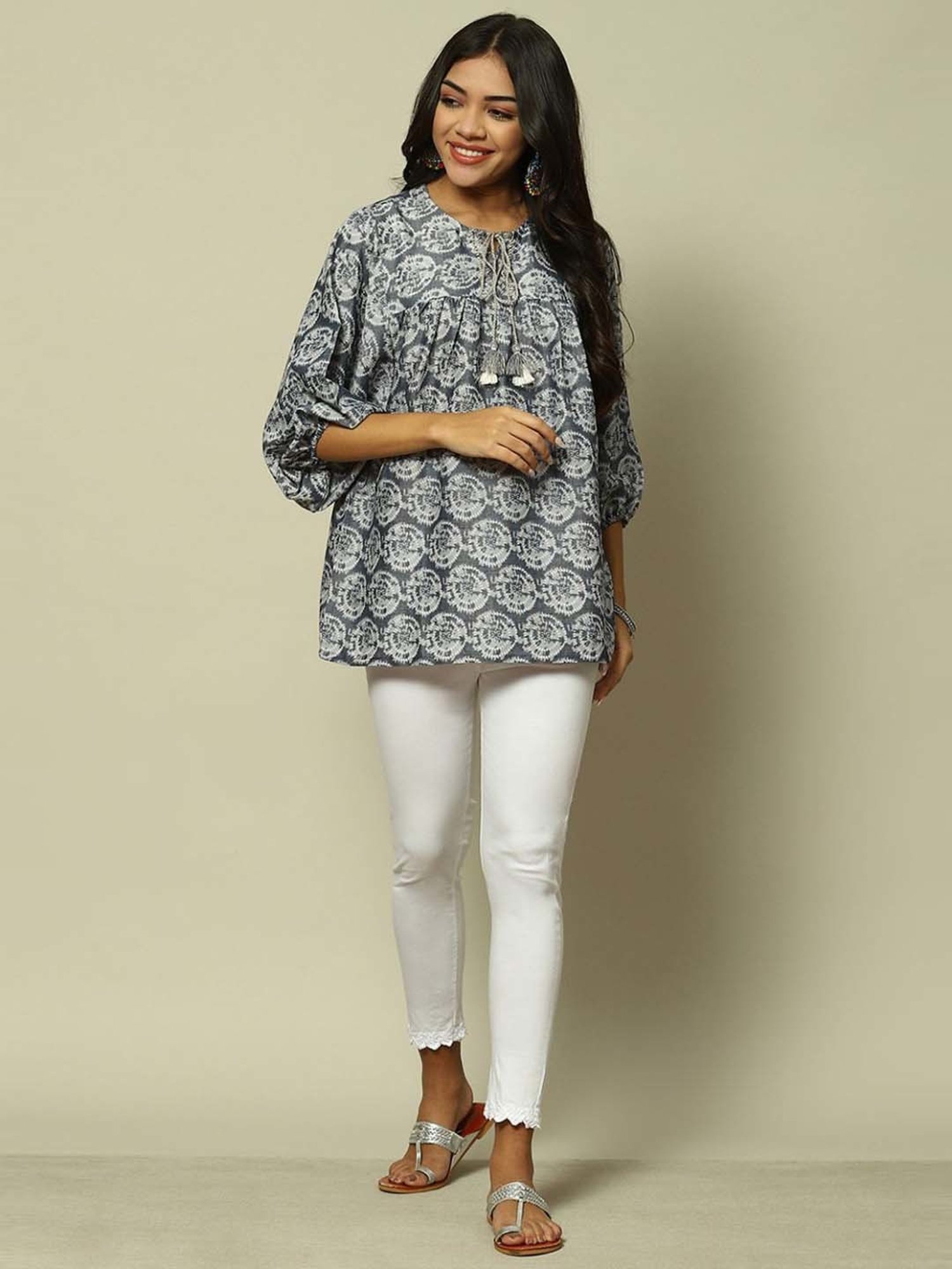 Rangriti Grey Cotton Printed Top