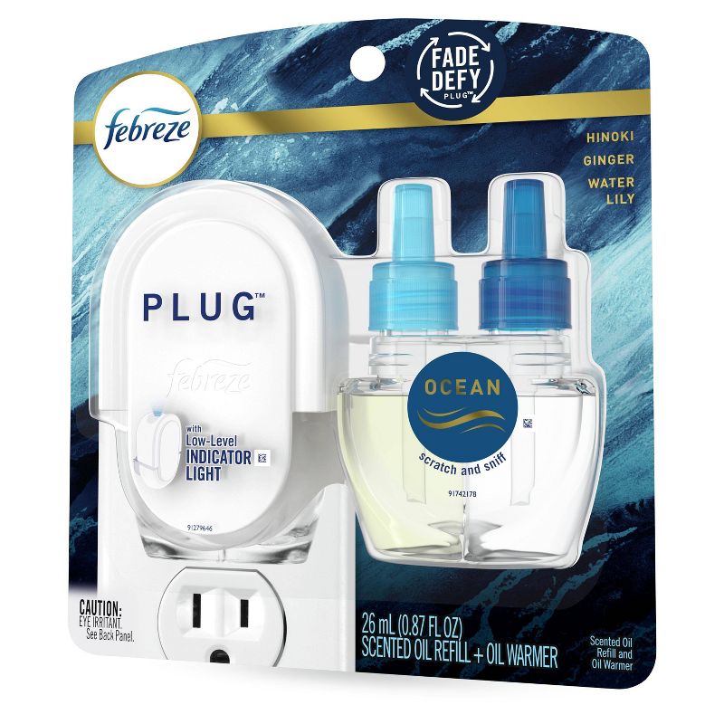 Febreze Origins Fade Defy Plug Air Freshener & Odor Eliminator, Ocean, Starter Kit & Oil Refill - 0.87 fl Oz
