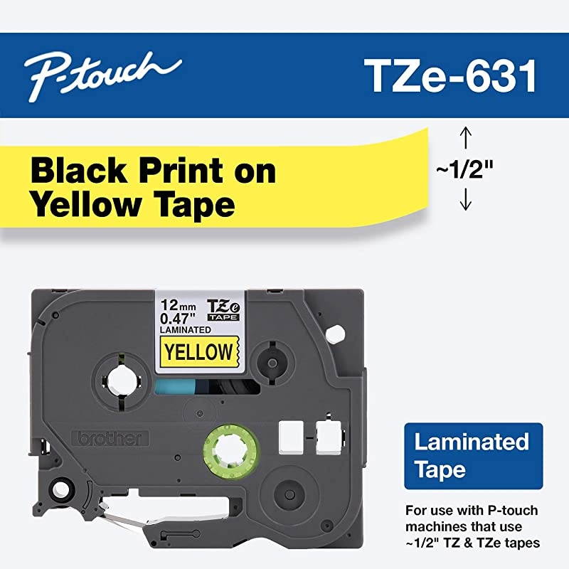 Genuine P-touch TZE-631 Tape, 1/2" (0.47") Standard Laminated P-touch Tape, Black on Yellow, Laminated for Indoor or Outdoor Use, Water Resistant, 26.2 Feet (8M), Single-Pack