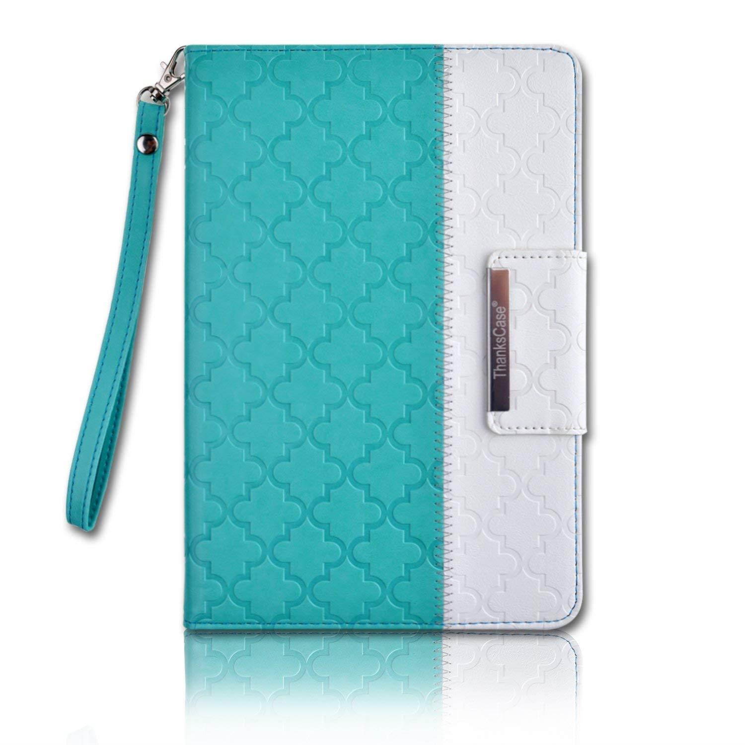 Thankscase Case for iPad Mini 4, Rotating Leather Case Smart Cover with Beautiful Quatrefoil Lattice Embossed Pattern, Swivel Case with Wallet Pocket and Hand Strap for iPad Mini 4 (Mint Quatrefoil)