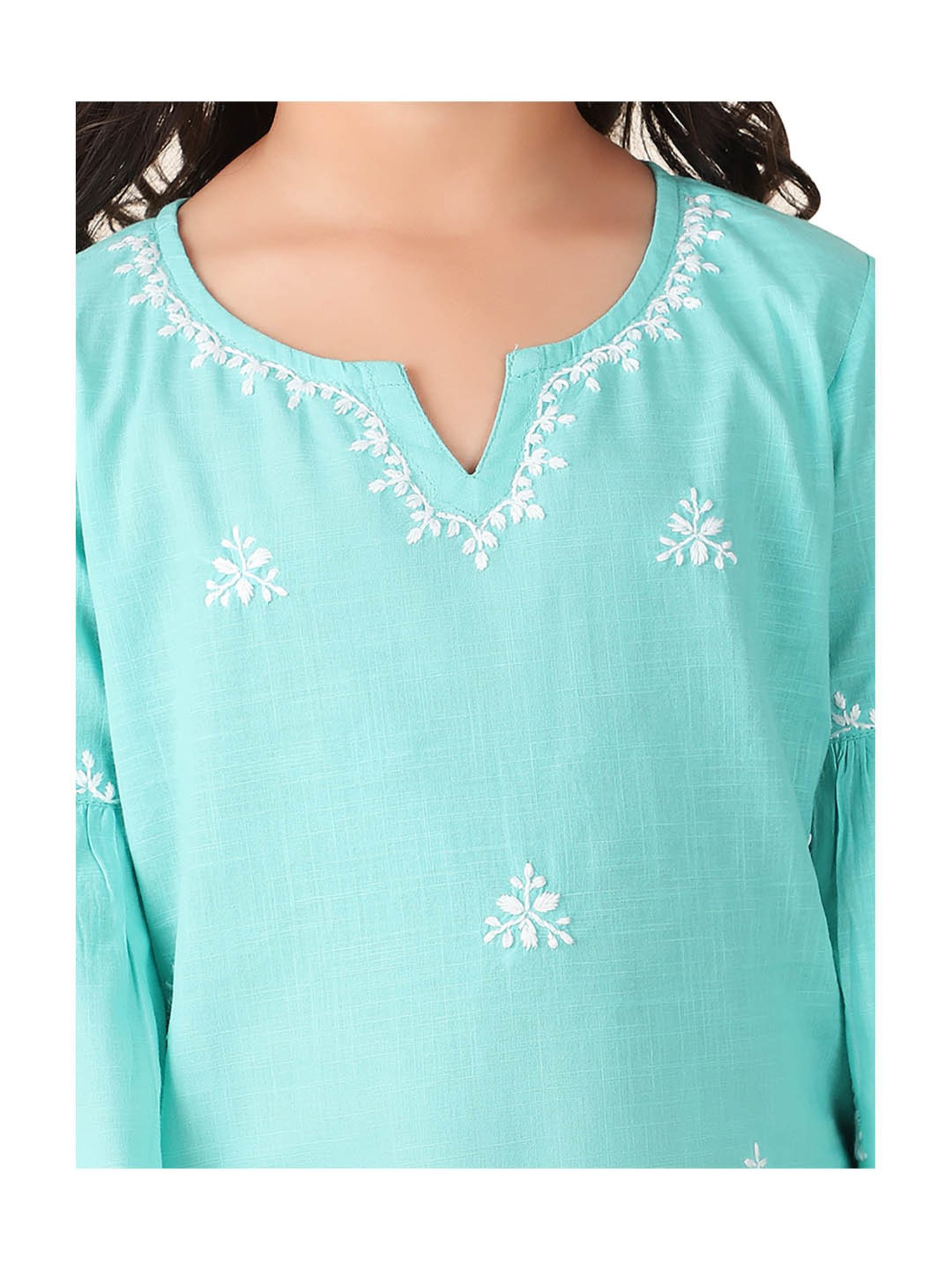 Fabindia Kids Light Blue & White Embroidered Kurta, Sharara with Dupatta