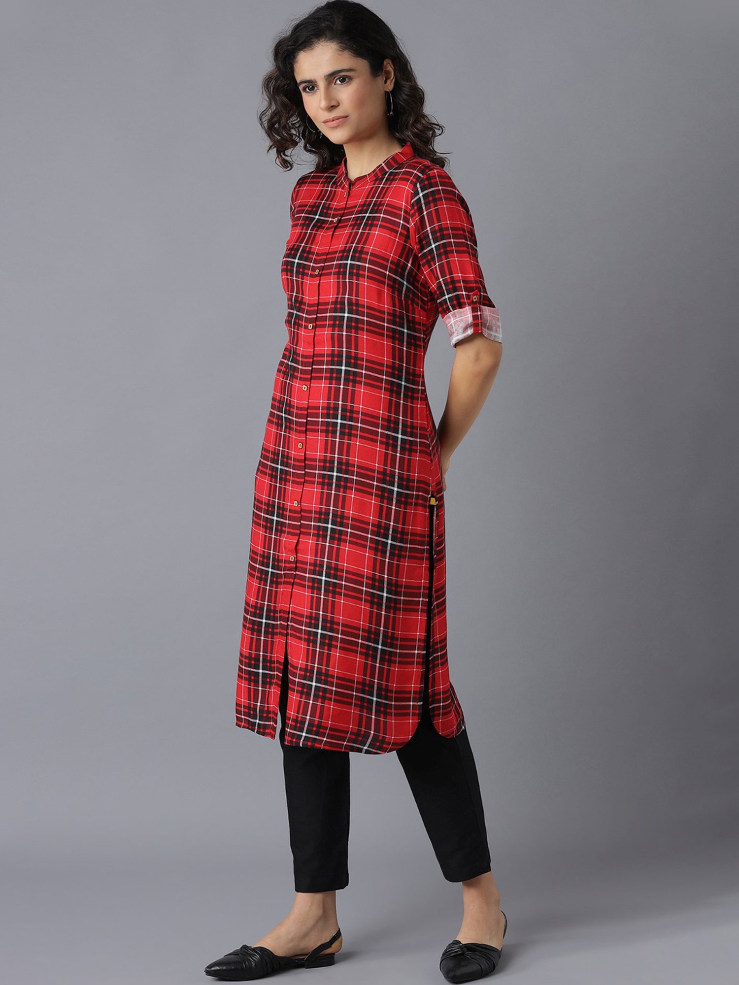 Aurelia Red Chequered Kurta Pant Set