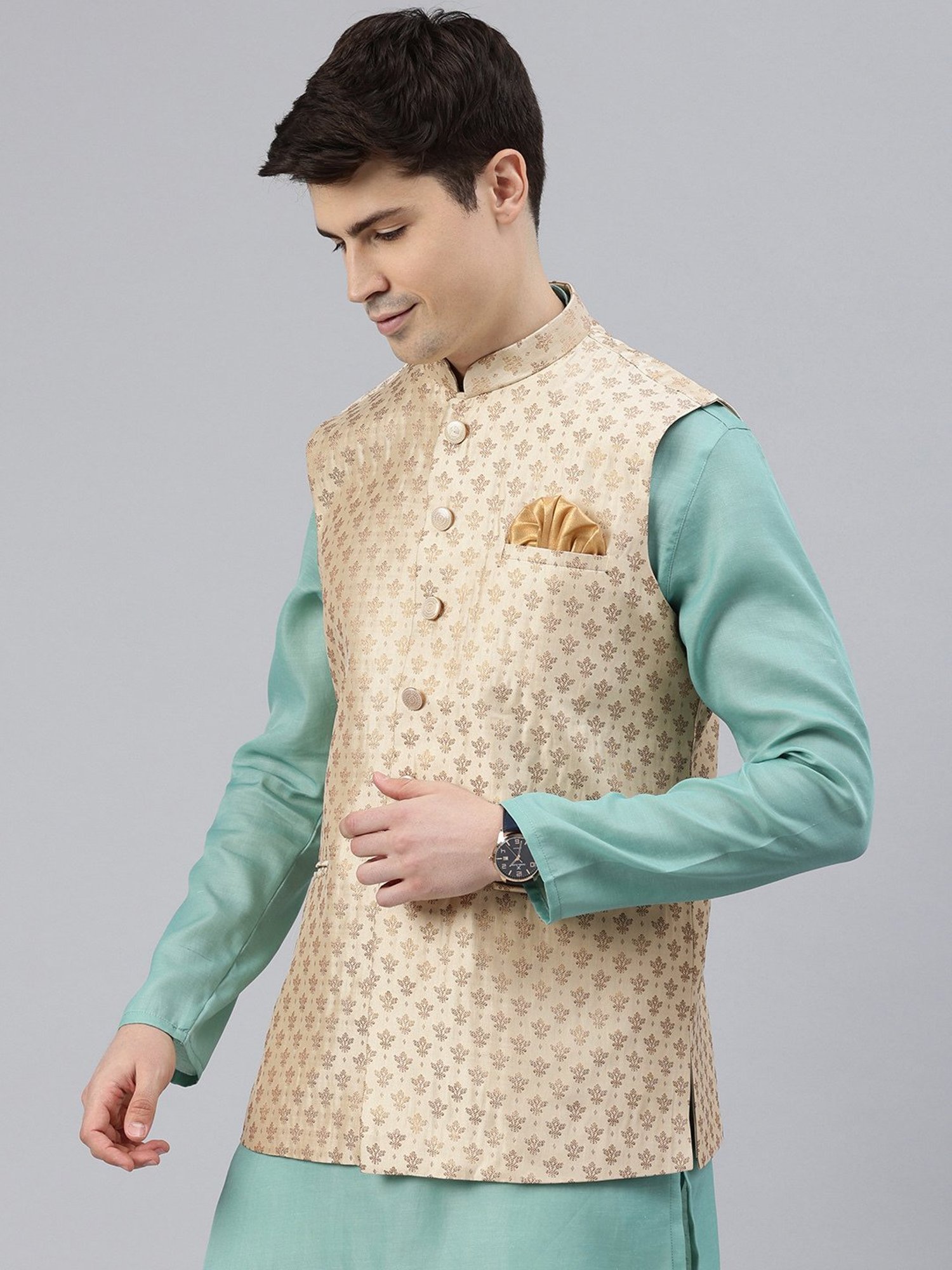 Manthan Beige Regular Fit Self Design Nehru Jacket