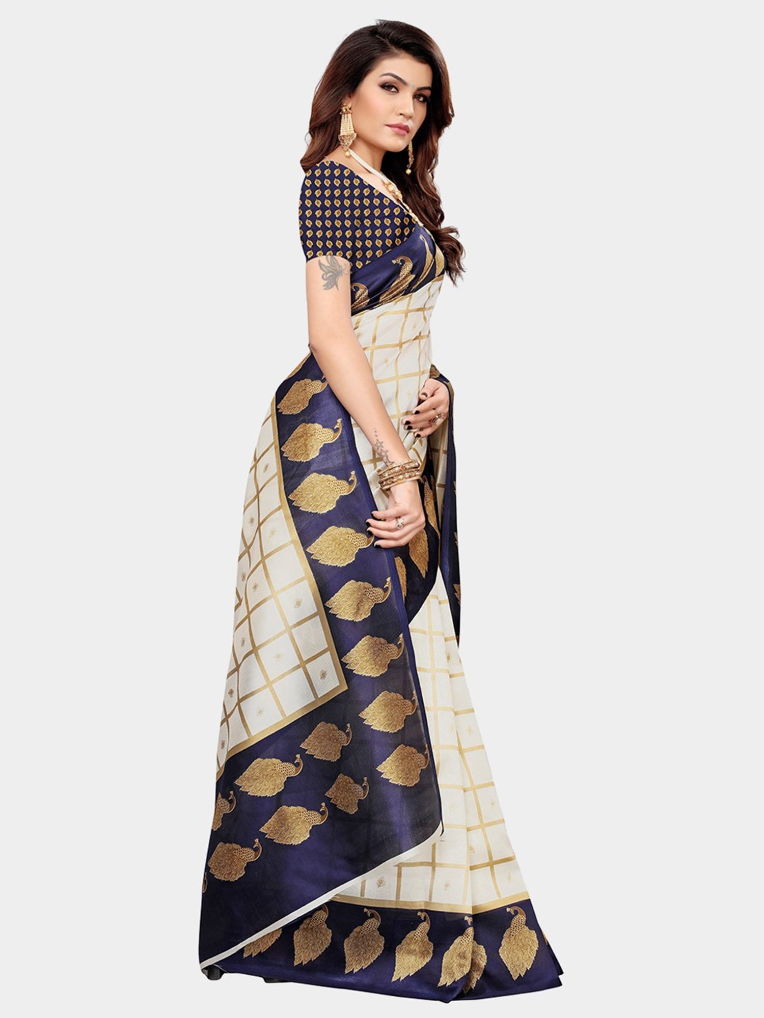 KSUT Beige & Purple Check Saree With Blouse
