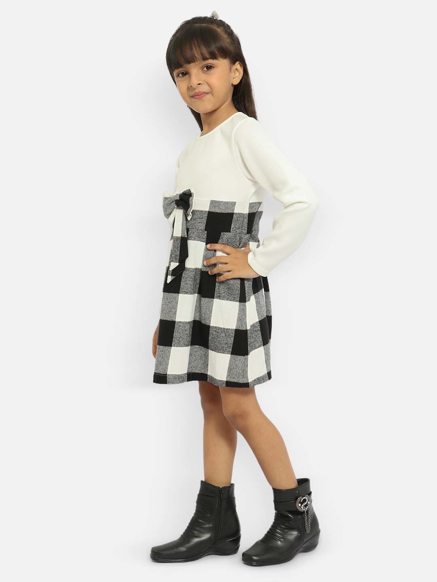 Nauti Nati Kids White & Black Checks Full Sleeves Dress