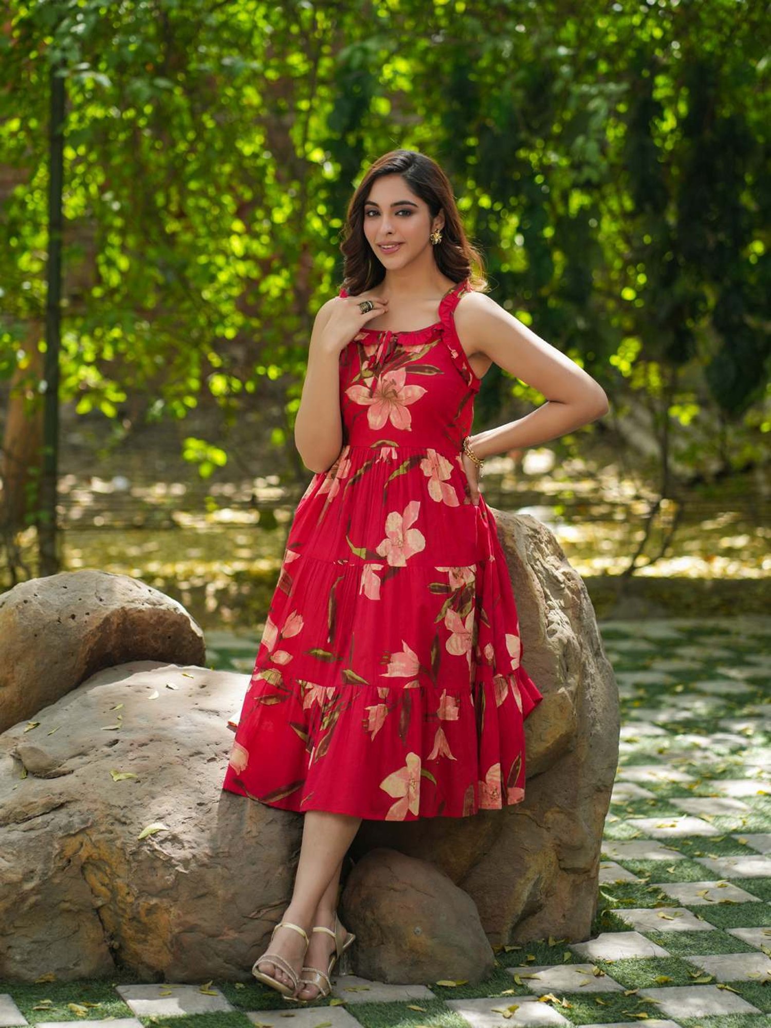 Rain and Rainbow Red Cotton Floral Print A-Line Dress