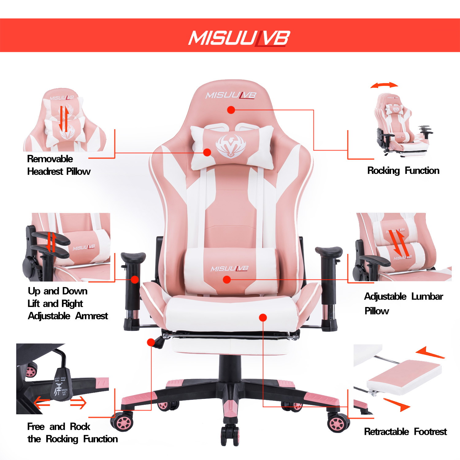 Gaming Chair, Racing Style Computer Desk Chair Padded Armrests Ergonomic Lumbar Support Adjustable Height