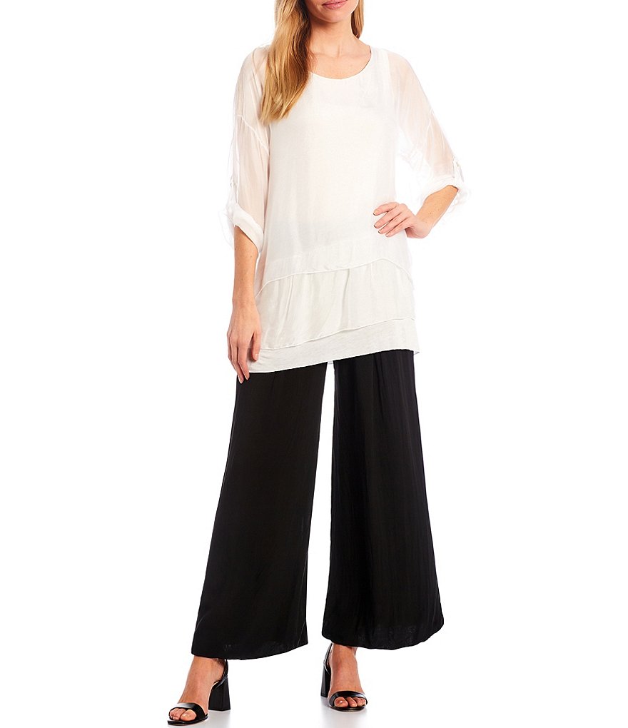 M Made in Italy Elbow Sleeve Silk Blend Layered Scoop Neck Top