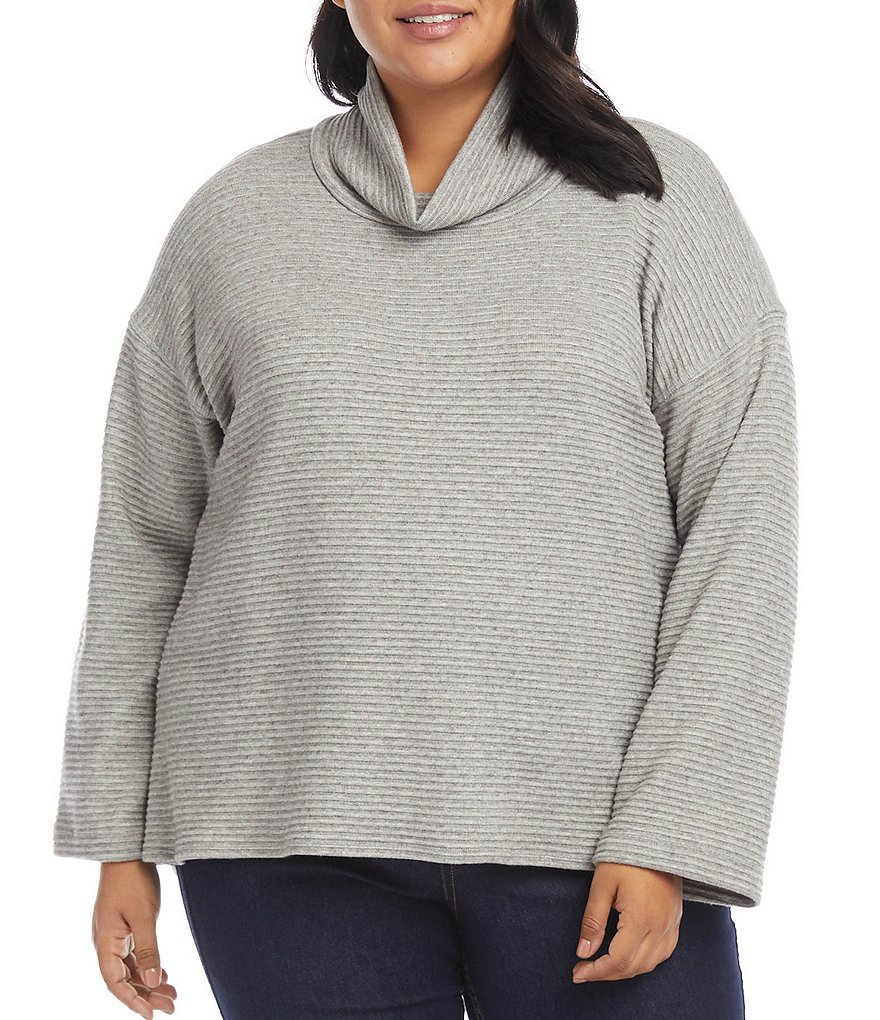 Karen Kane Plus Size Ribbed Knit Funnel Neck Long Sleeve Drop Shoulder Sweater