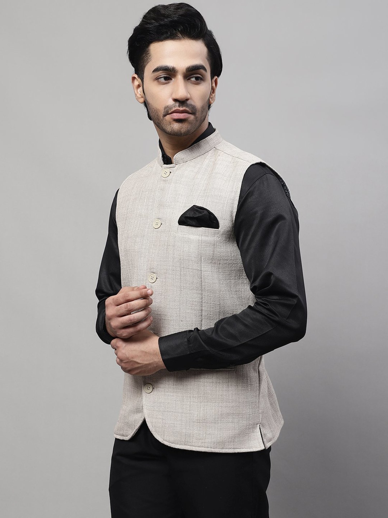 Even Beige Regular Fit Self Pattern Nehru Jacket