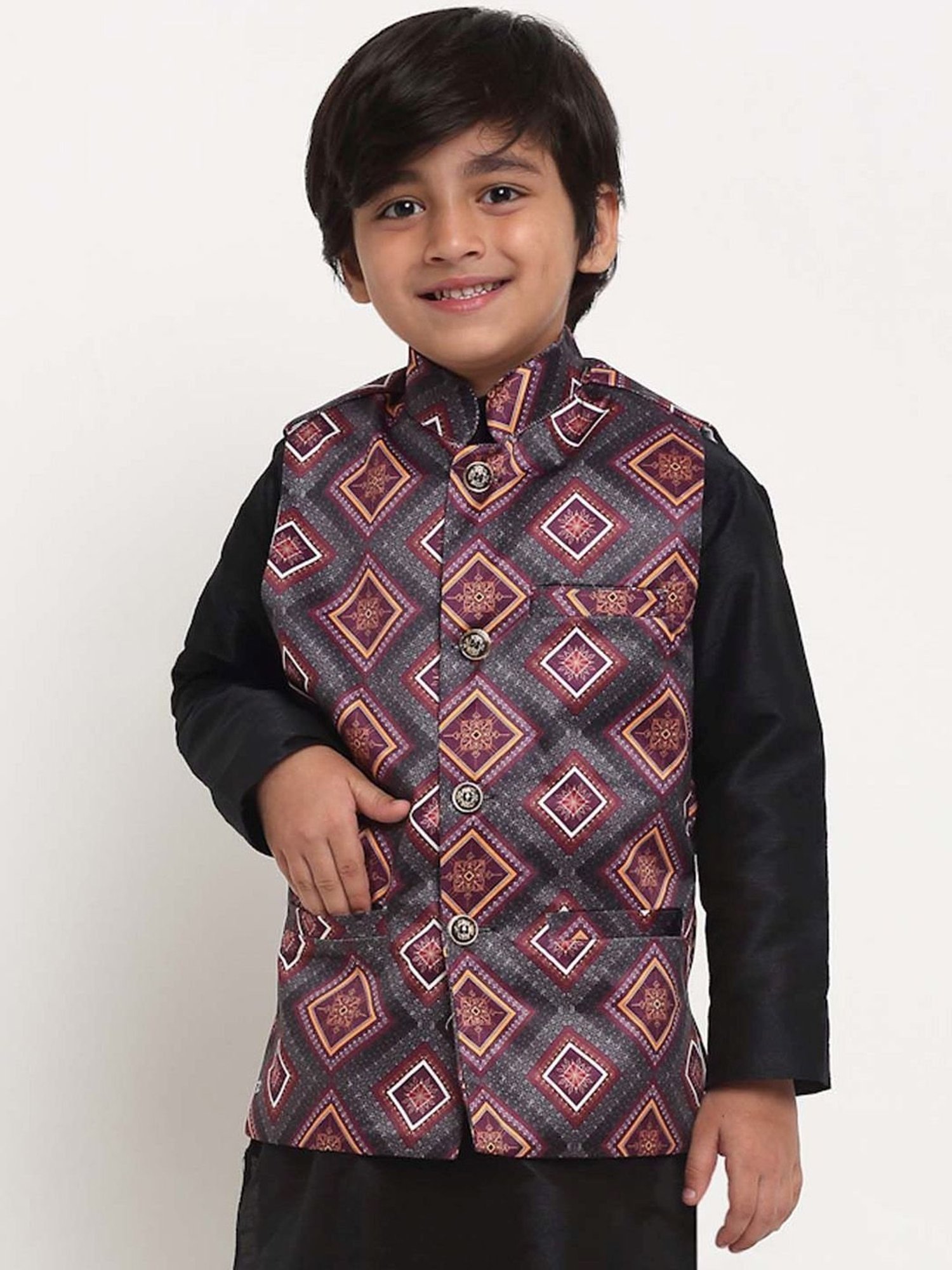 Benstoke Kids Purple & Grey Printed Nehru Jacket