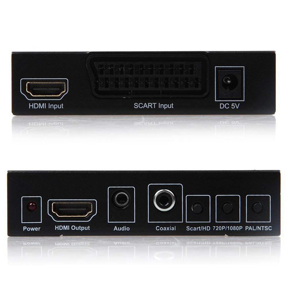 SCART to HDMI Converter Video Audio Adapter Box with SCART/HD Switch, PAL/NTSC Video Scaler,  1080P/720P Upscaler Support HDMI Connector Output, 3.5mm AUX Jack and Coaxial Audio Output