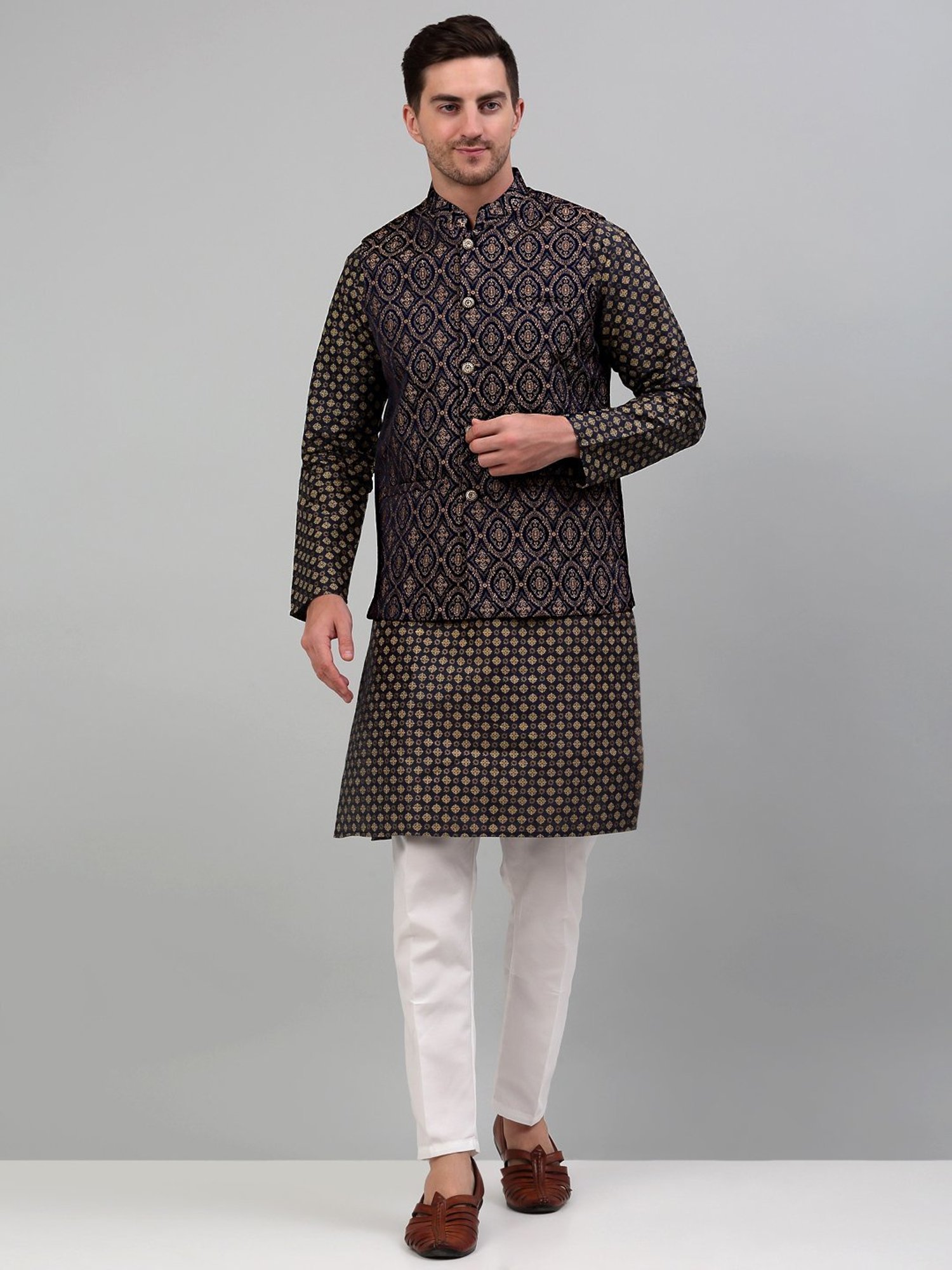Jompers Brown Regular Fit Self Pattern Nehru Jacket