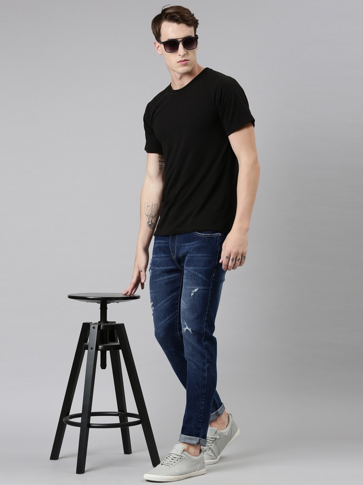CINOCCI Blue Cotton Slim Fit Distressed Jeans