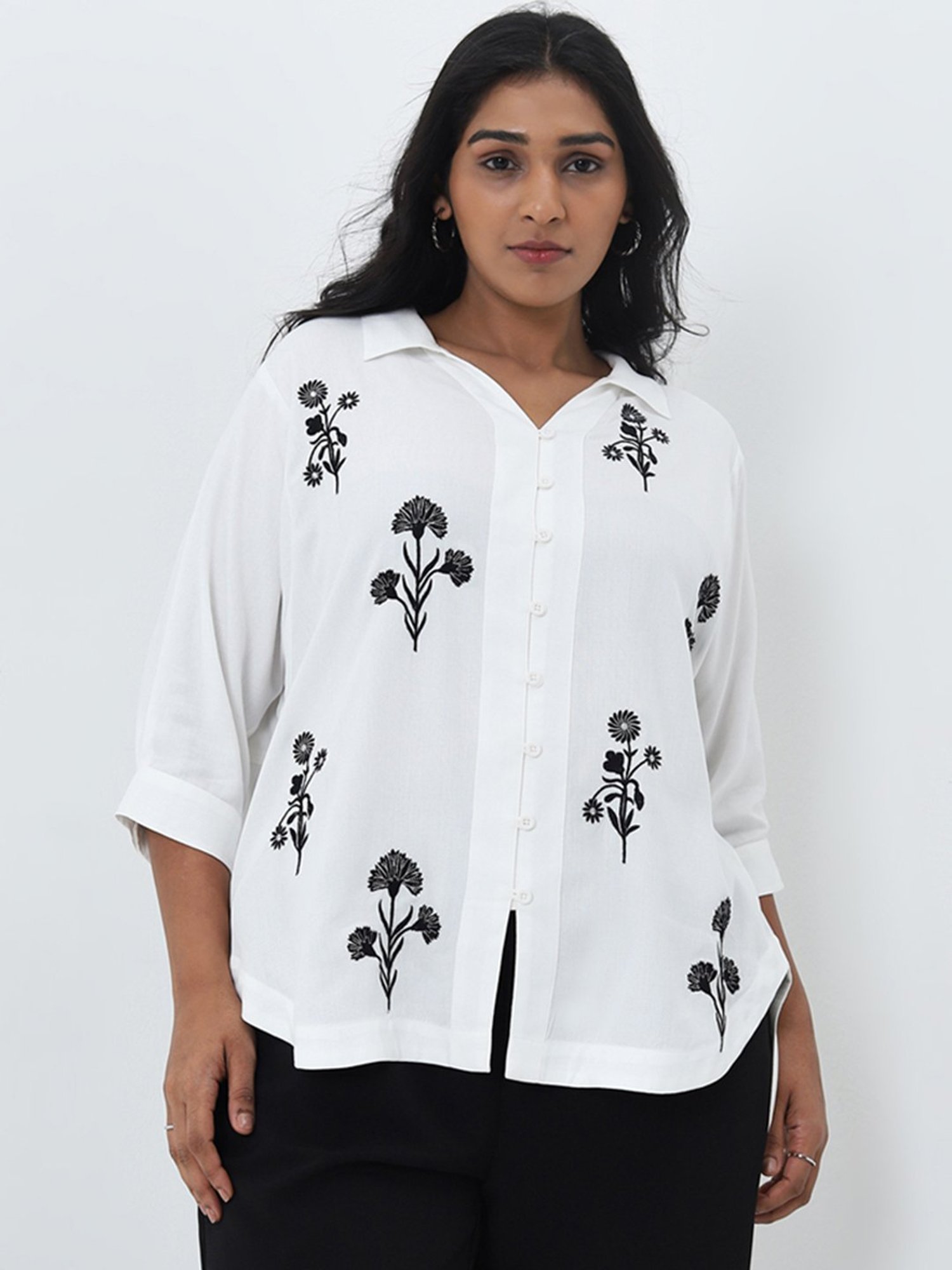 Gia by Westside White Floral Printed High-Low Blouse