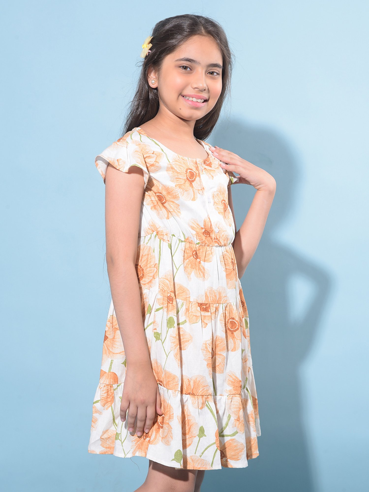 Crimsoune Club Kids Peach & White Floral Print A-Line Dress
