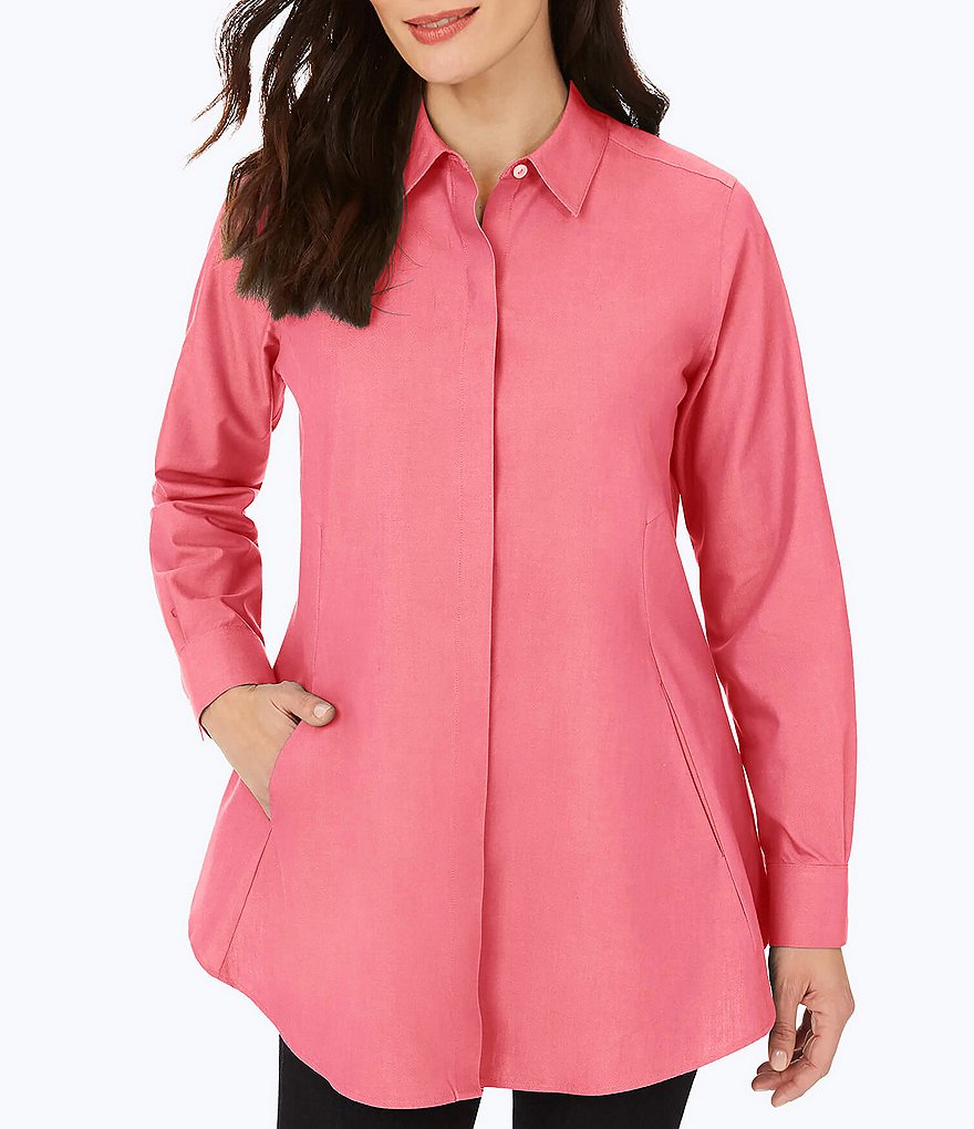 Foxcroft Cici Solid Non-Iron Pinpoint Oxford Long Sleeve Point Collar Neck Button Front Tunic