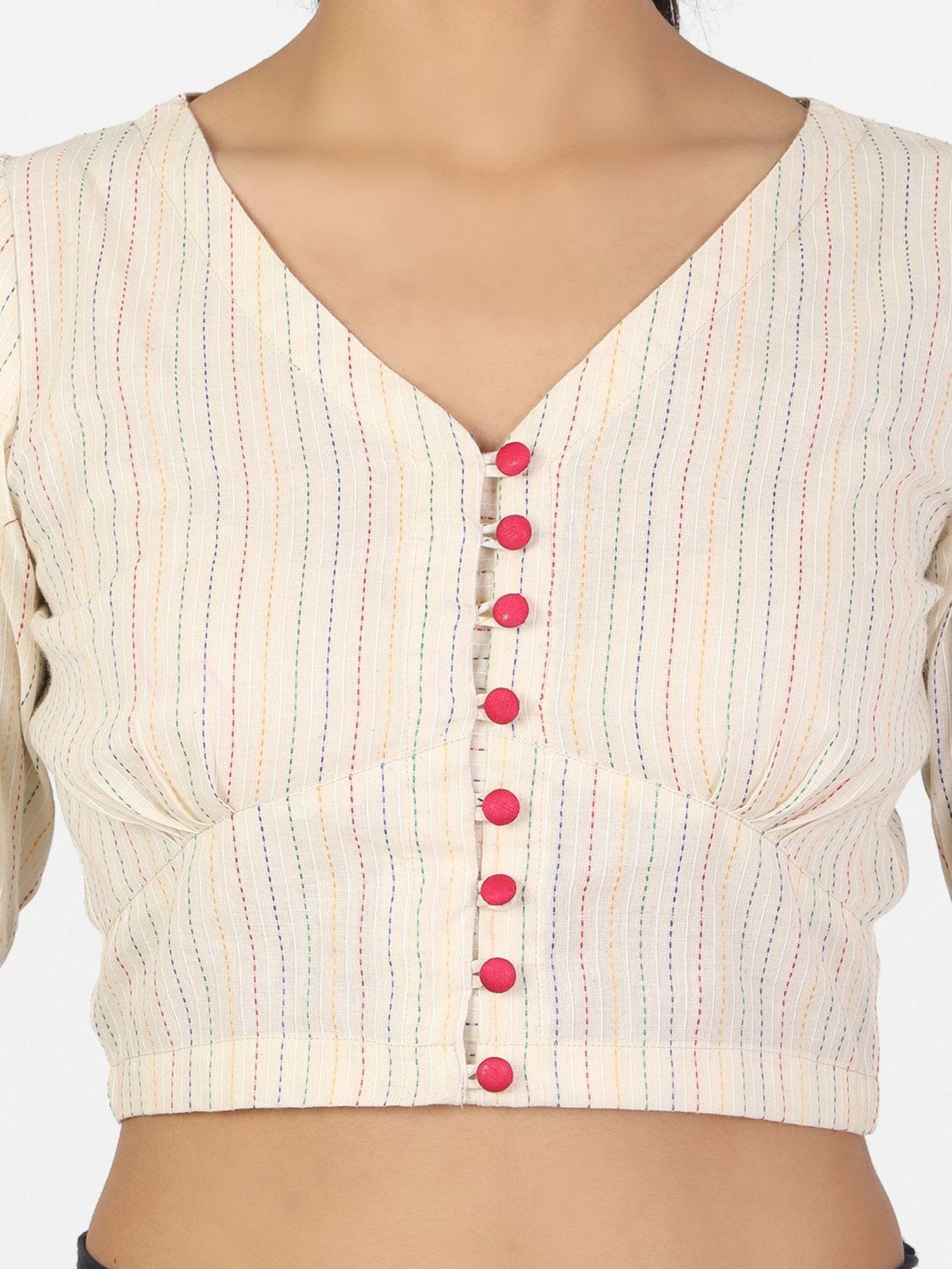 Llajja Cream Cotton Striped Readymade Blouse