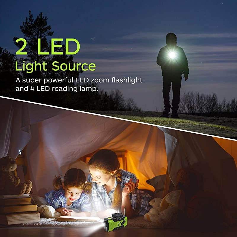Weather Solar Crank AM/FM NOAA Radio with Portable 2000mAh Power Bank, Bright Flashlight and Reading Lamp for Household and Outdoor Survival (Green)