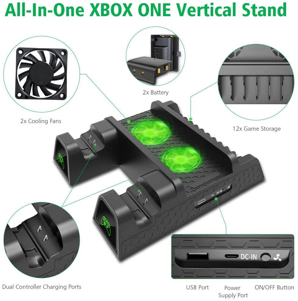 Vertical Cooling Stand Compatible with Xbox ONE X/ONE S/Regular ONE, Cooler Cooling Fan with 2PACK 600mAh Batteries,Games Storage, Dual Controller Charging Docking Station for Xbox ONE/S/X
