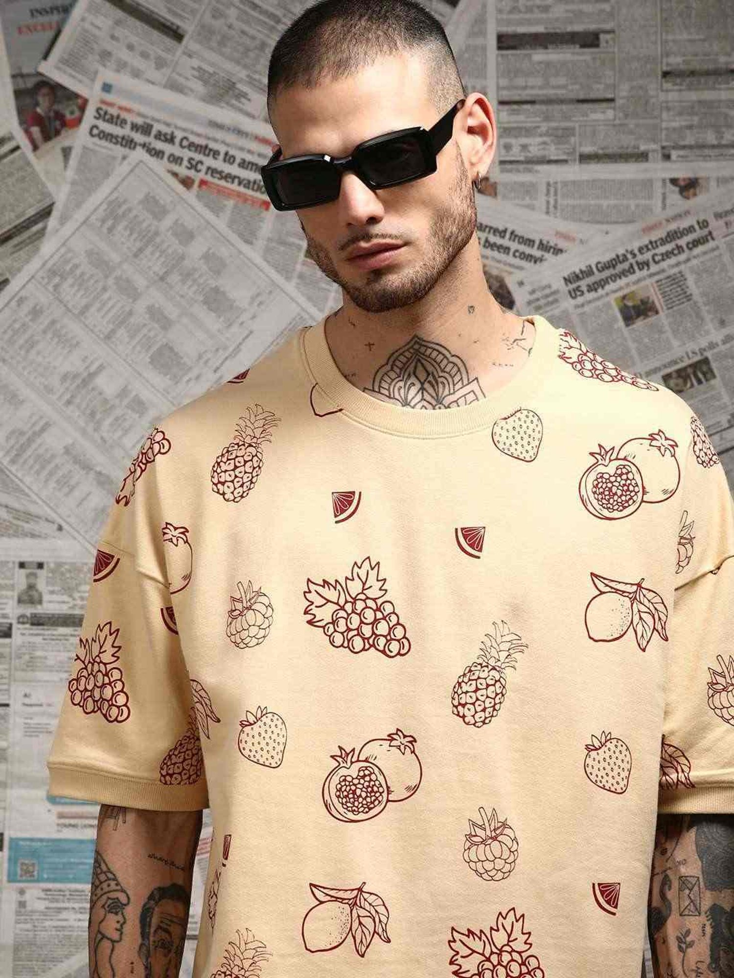 Difference Of Opinion Beige Loose Fit Printed Unisex T-Shirt