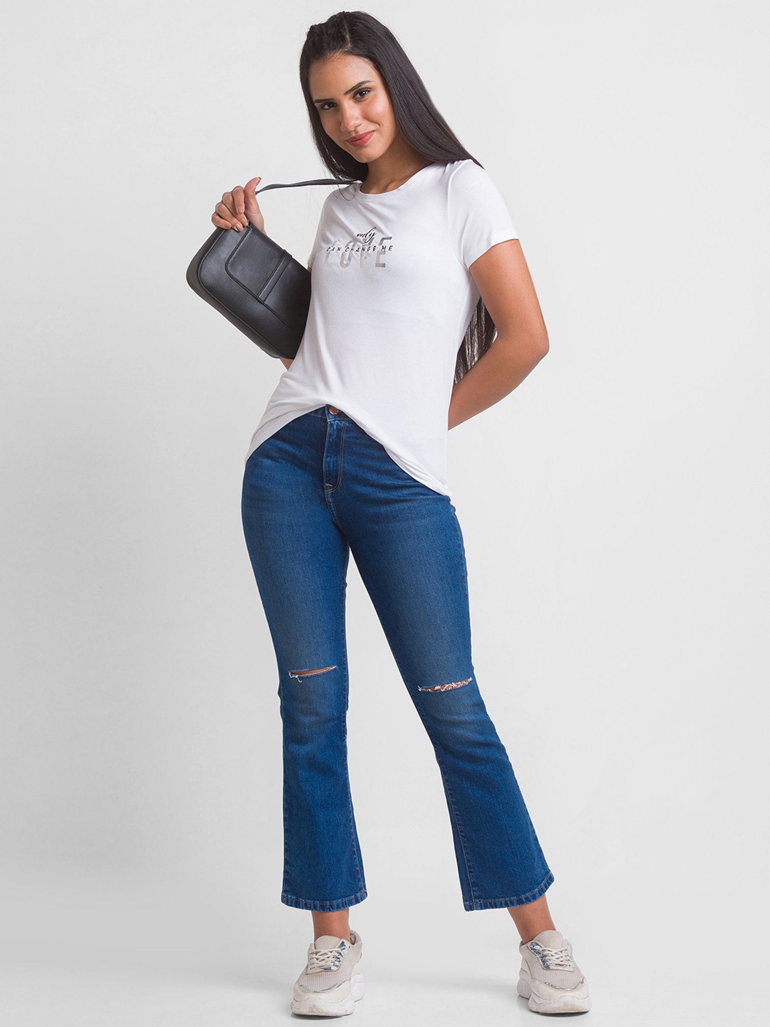 Spykar White Cotton Printed T-Shirt