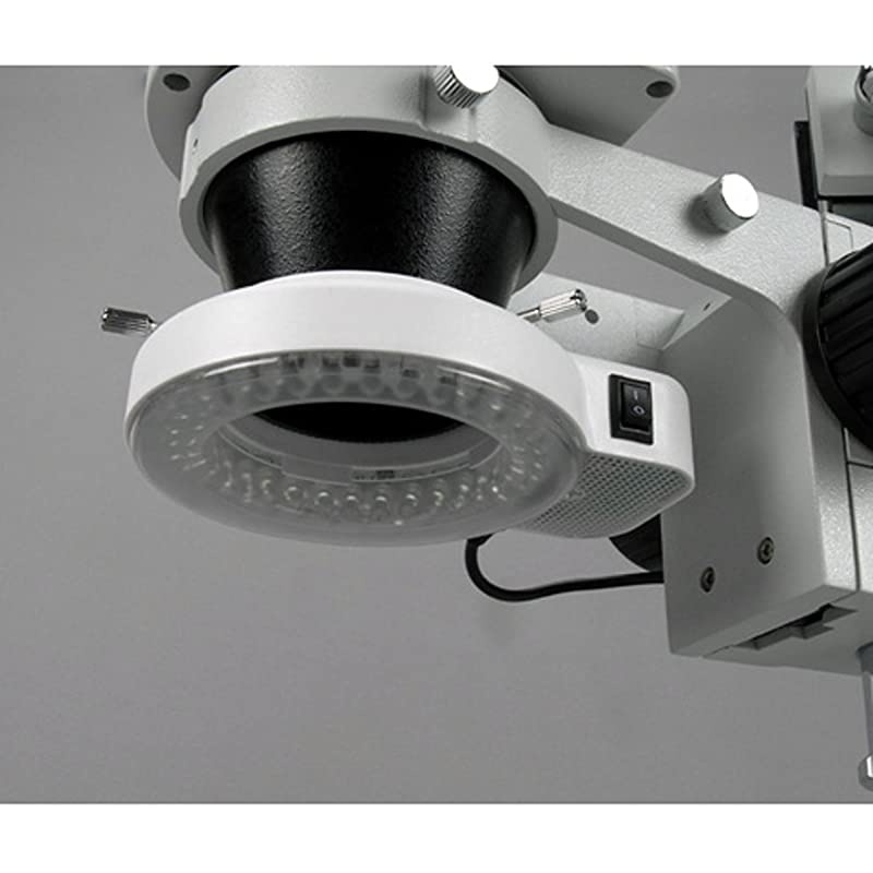 SM-1BSX-64S Professional Binocular Stereo Zoom Microscope, WH10x Eyepieces, 3.5X-45X Magnification, 0.7X-4.5X Zoom Objective, 64-Bulb LED Ring Light, Pillar Stand, 110V-240V, Includes 0.5x Barlow Len