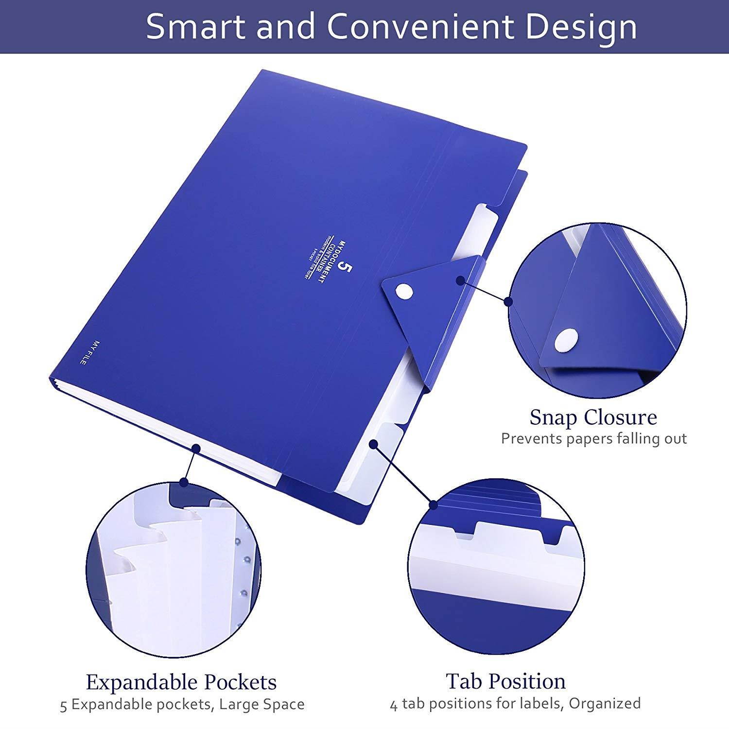 Skydue PP Expanding File Folder Accordion Documents Letters Organizer, 5 Pockets, A4 Size (Navy Blue)